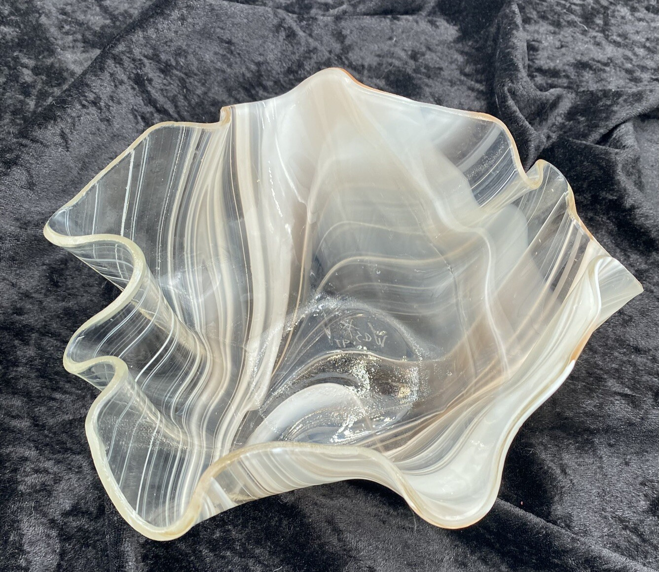 Vintage Handblown Murrhina Glass Handkerchief Bowl/Candle, Peach & White, Signed