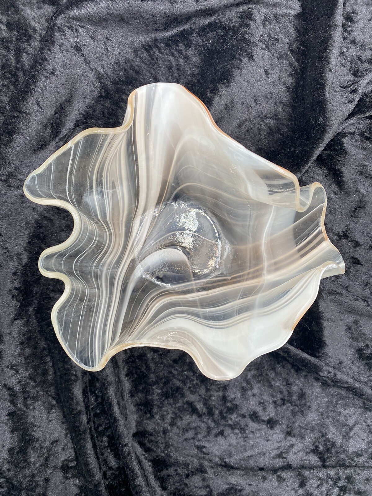 Vintage Handblown Murrhina Glass Handkerchief Bowl/Candle, Peach & White, Signed