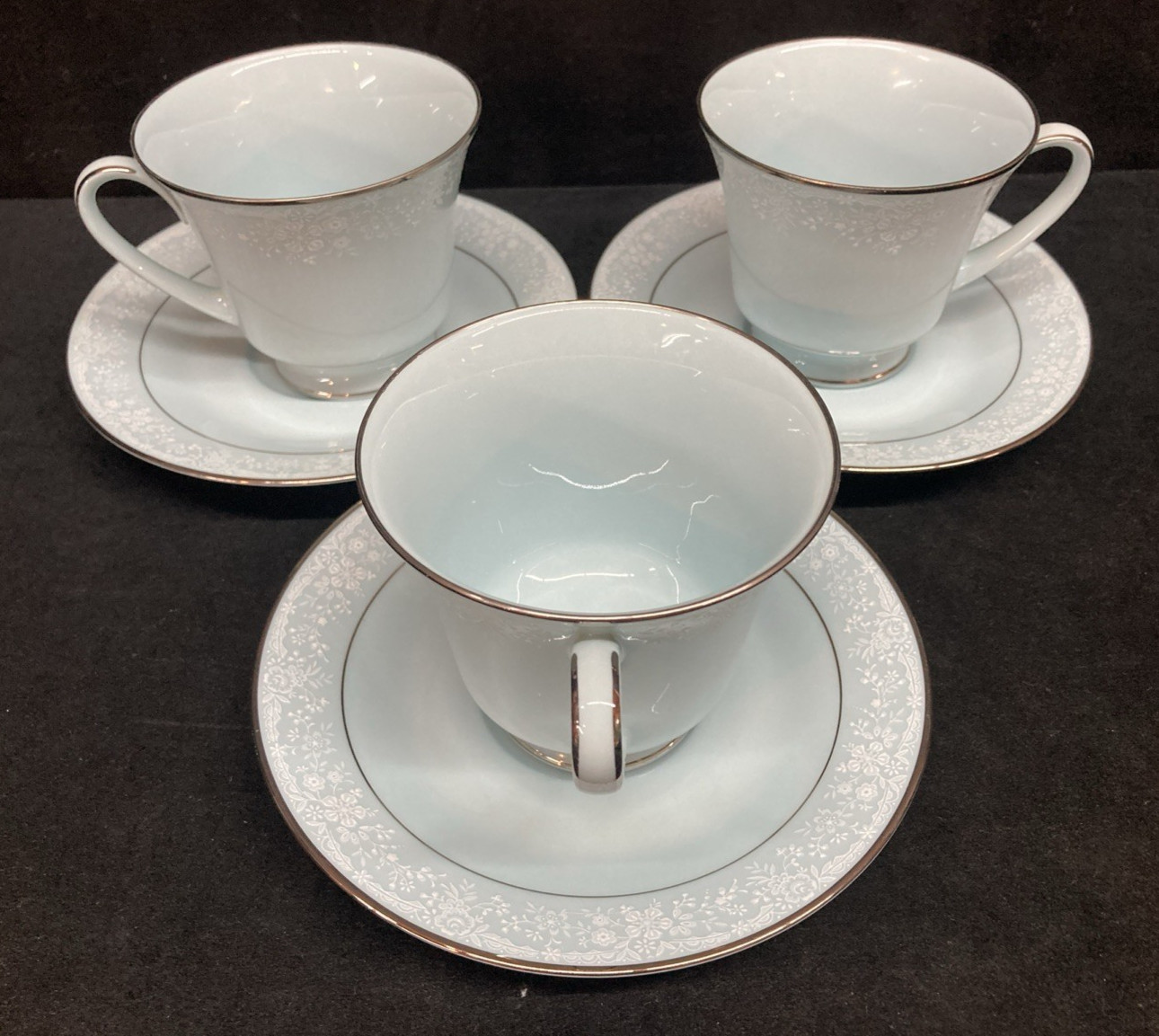 Noritake Fidelity 8003 Light Blue Cups & Saucers Set of 3