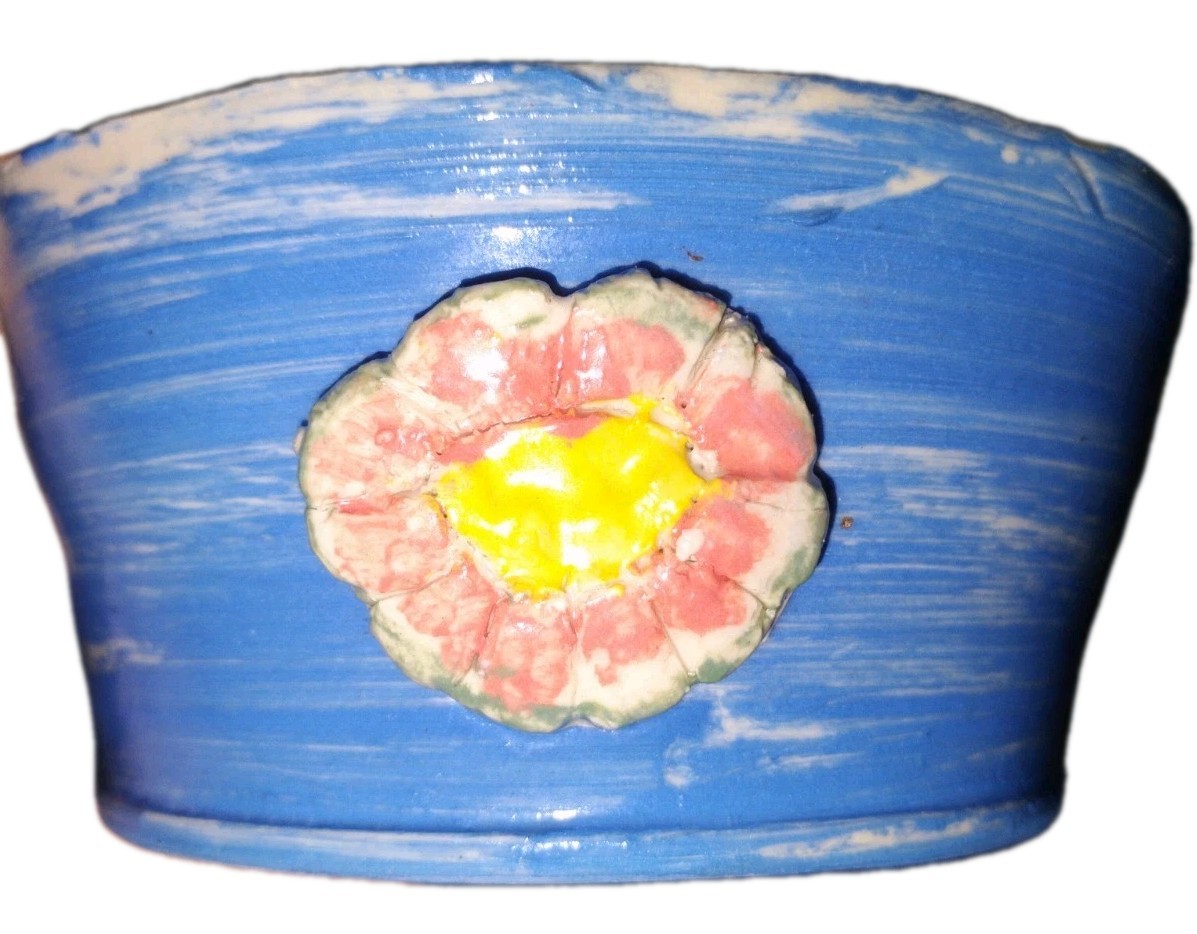 Blue Hand Made Pottery Bowl with Pink,Yellow Flowers & Bee motif 5inch