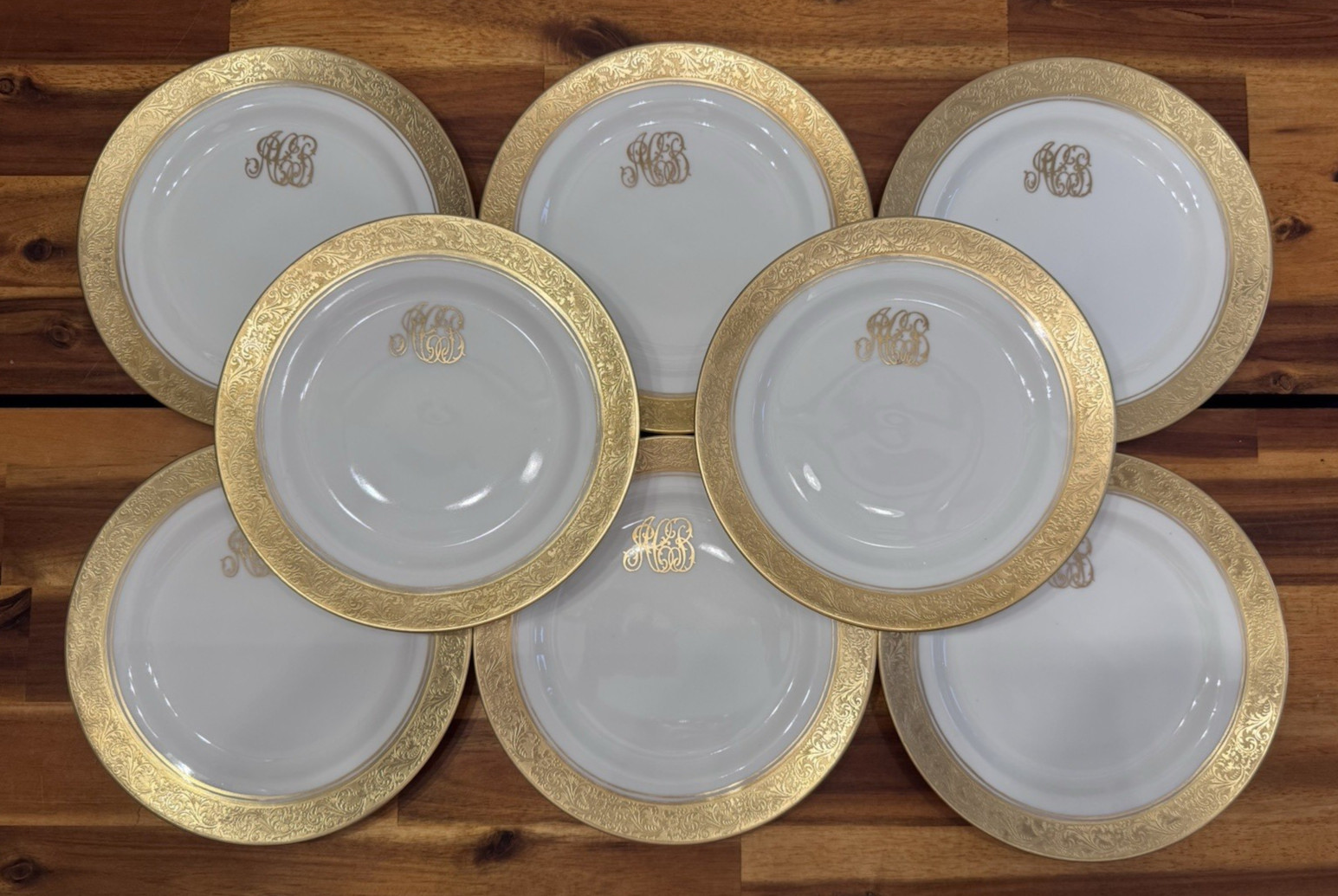 8pcs Antique Limoges P&P Gold Encrusted Monogram Salad Plates 7.5″- France, MINT