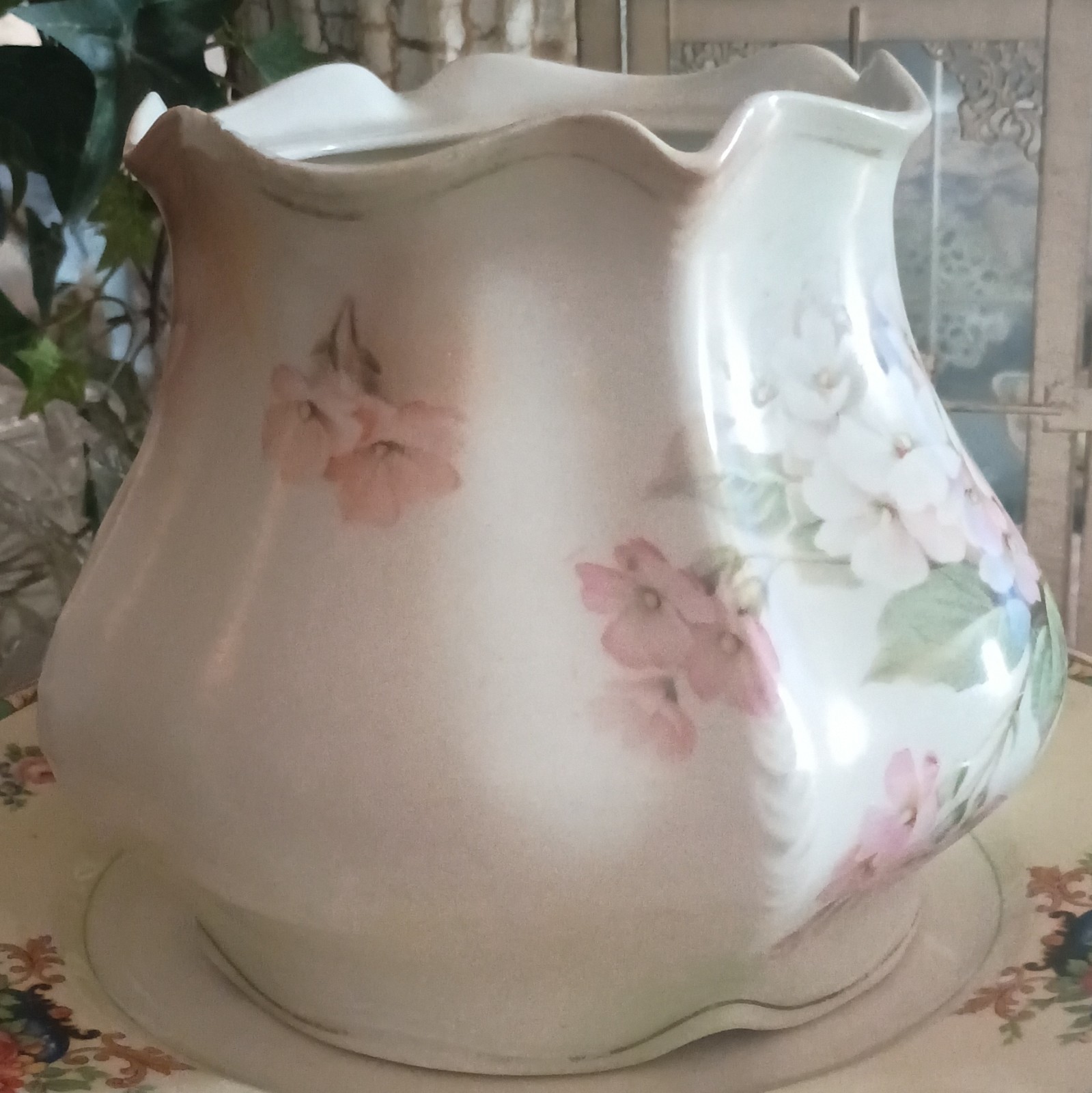 RS Prussia Floral Porcelain Pitcher Glossy White Pink Green Prussia