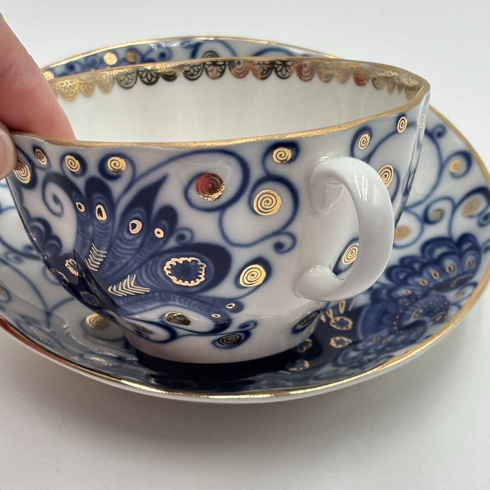 Lomonosov Imperial Porcelain Tea Cup & Saucer Magic Fire Bird Pattern 22K Gold