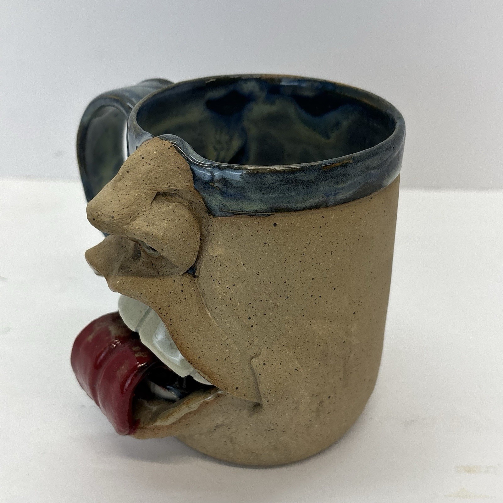 Folk Art Pottery UGLY Face Mug Big Mouth Tongue Ceramic Signed Funny Gag Gift