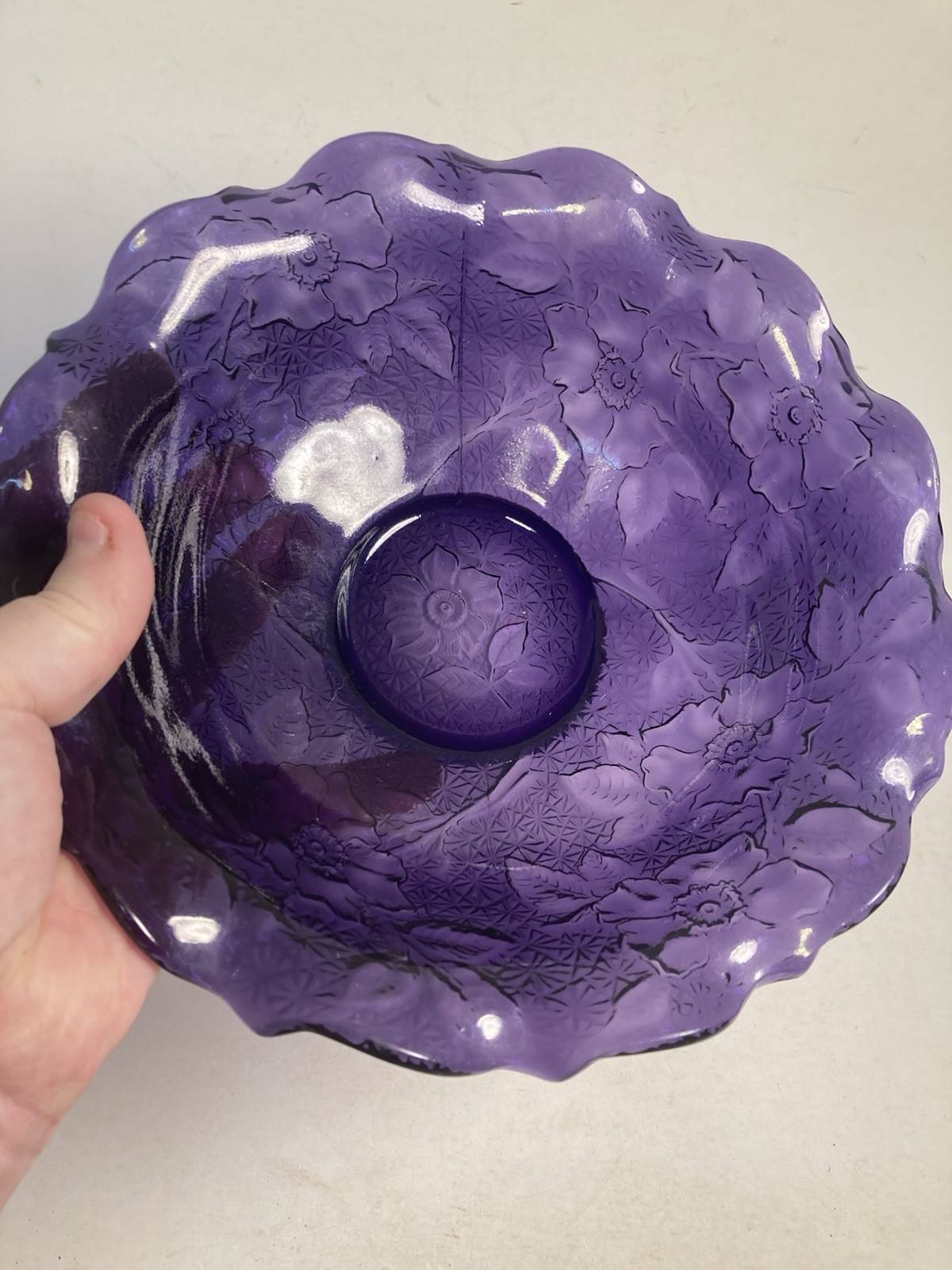 Vintage irradiated Purple Glass fruit bowl, candy bowl, floral pattern