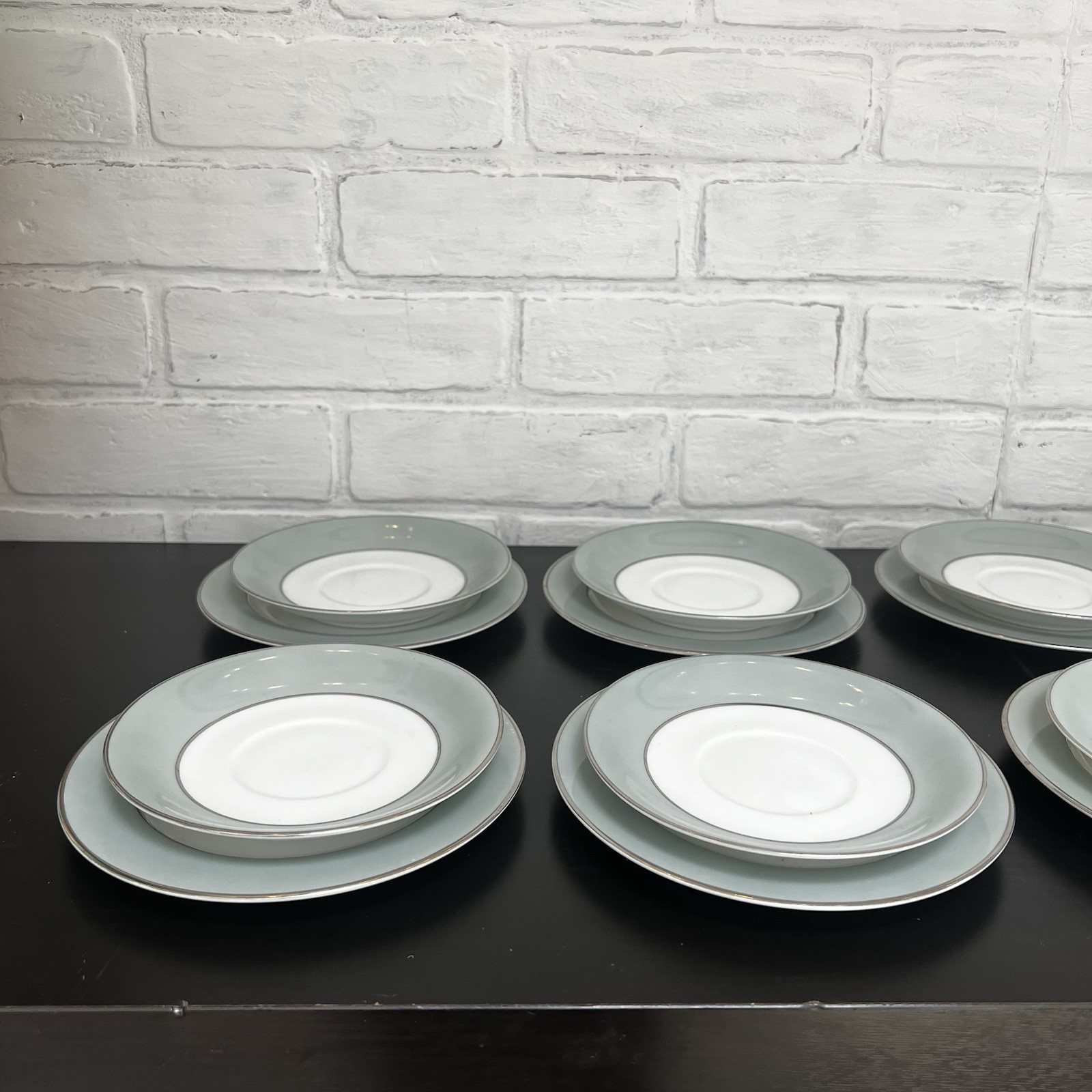 Vintage Sango Japan Sheffield Plates and Saucers Celadon Silver Rim- 22 Pc Lot