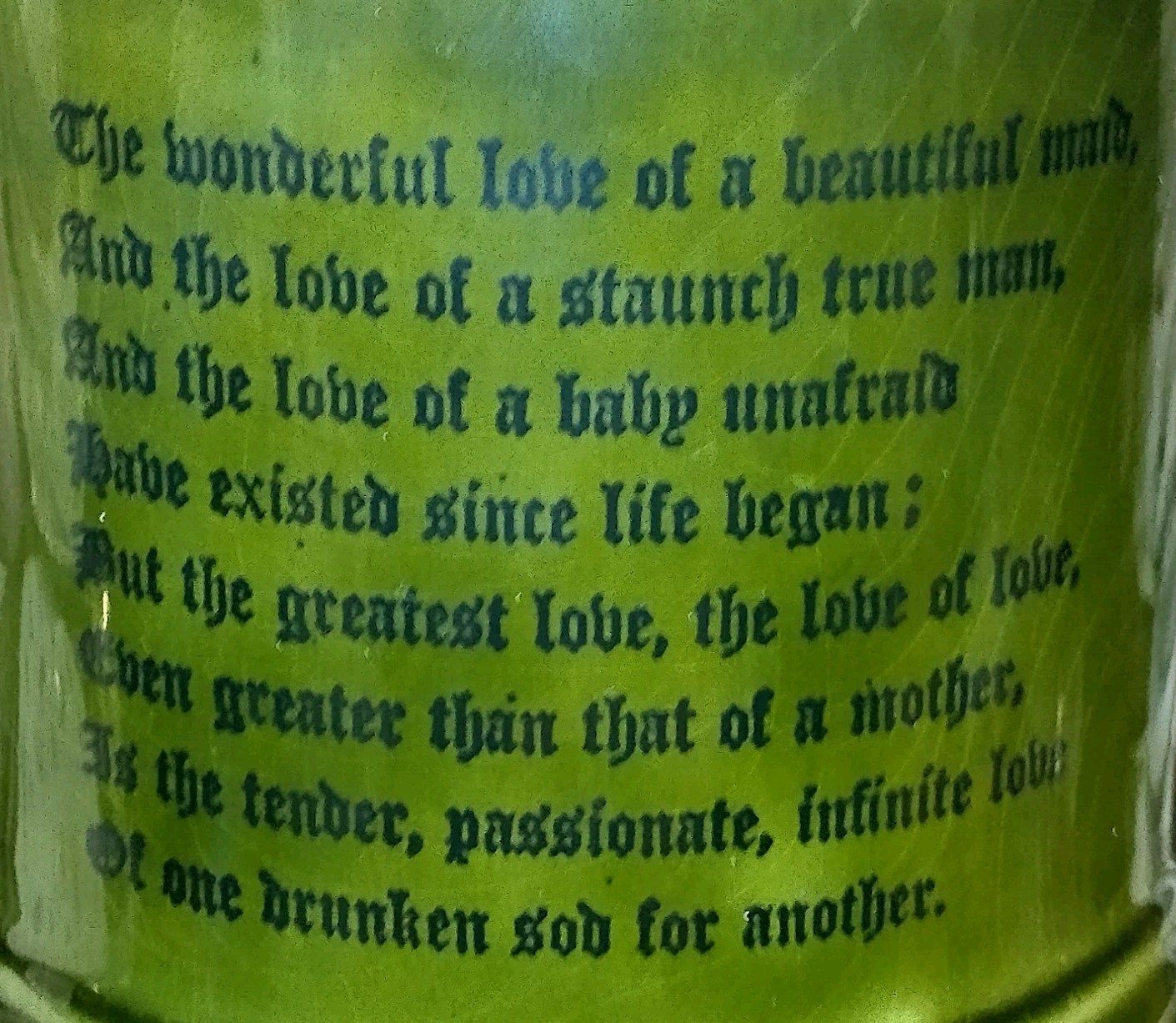 Princess House Fine Earthenware Beer Stein Mug England Dark Green Vtg Love Poem