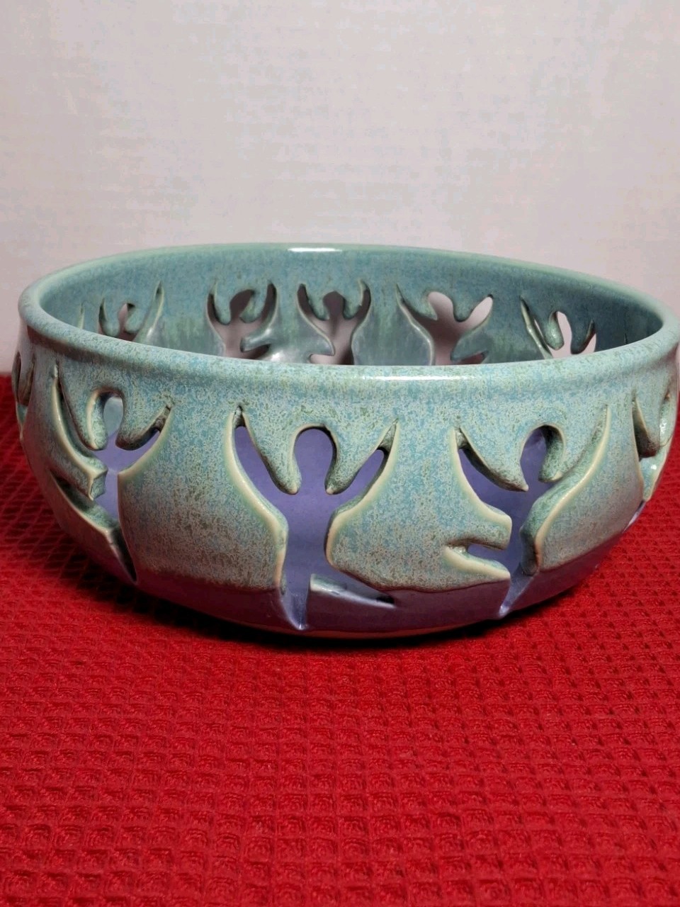 Handcrafted Studio Art Pottery Bowl Dancing Ballerina People Aqua & Purple