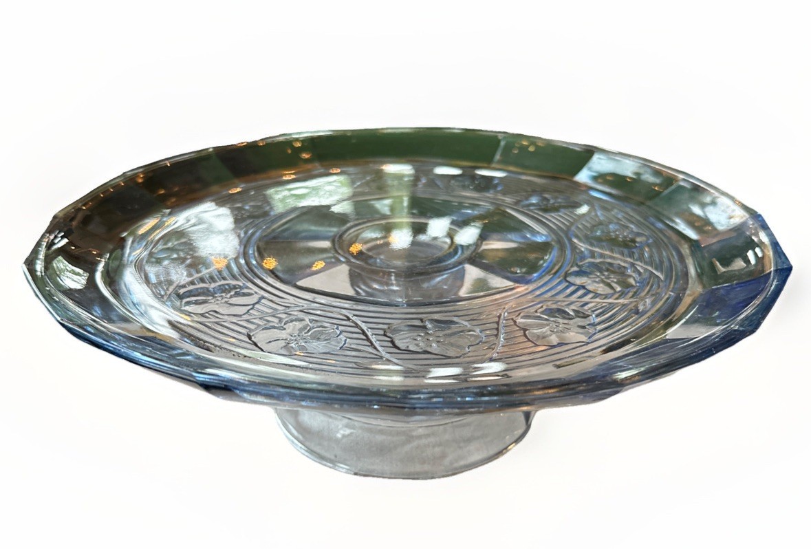 Vtg Anchor Hocking Avalon Blue Glass Pansies Pedestal Cake/Serving Plater 11.75”