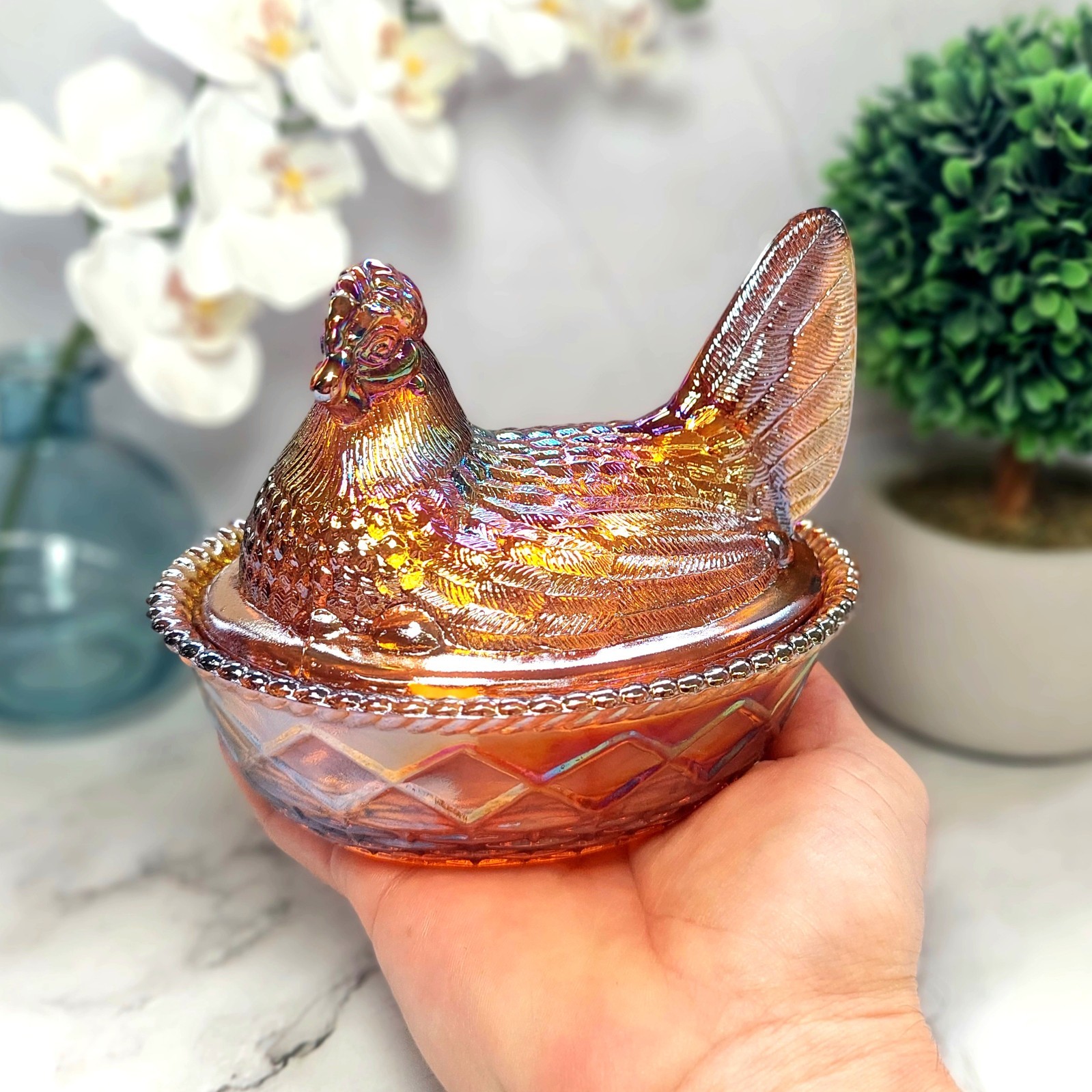 Golden Amber Carnival Glass Hen on Nest Chicken Candy Dish, Depression Style
