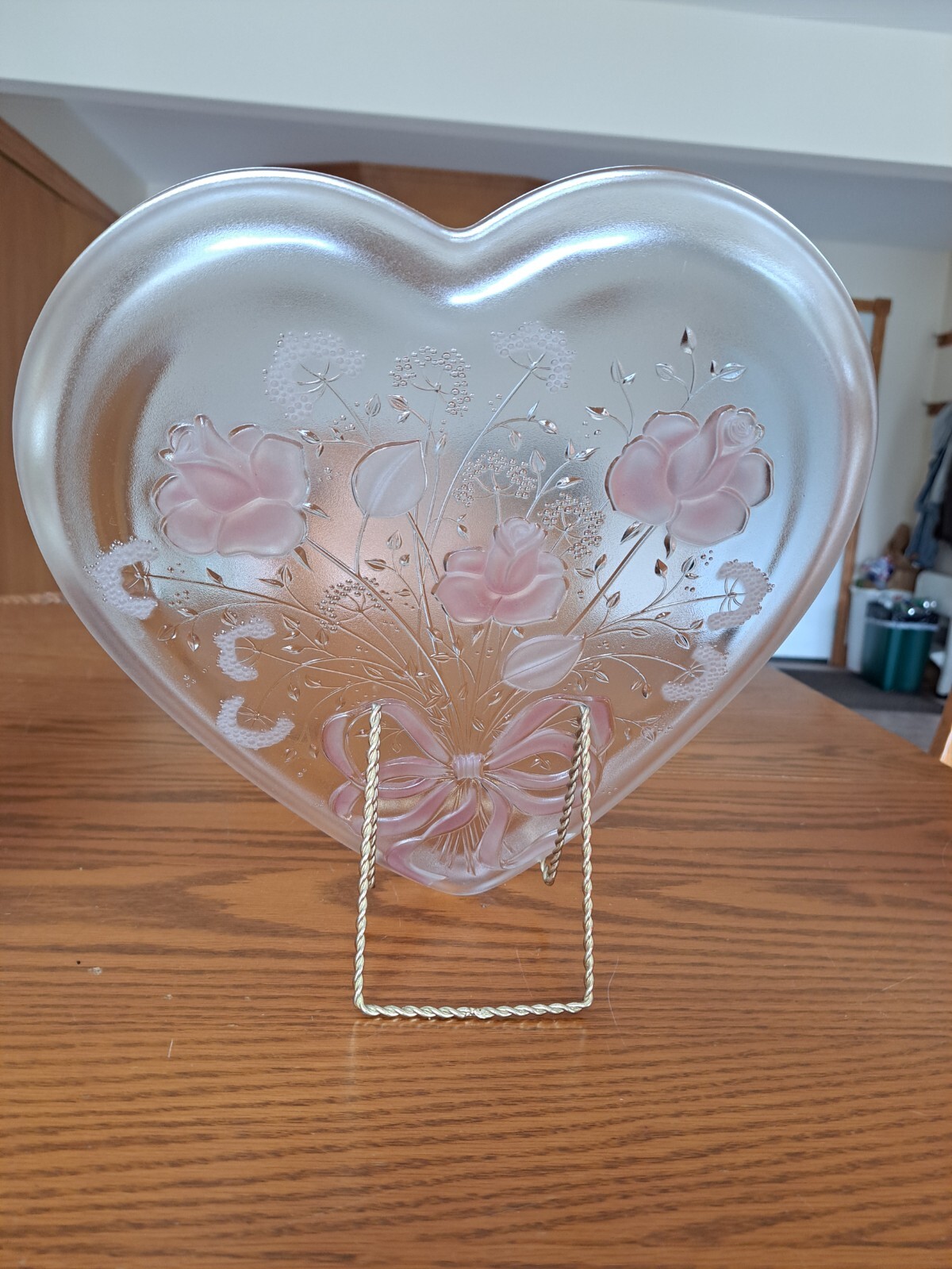 Mikasa Crystal GlassVintage Valentine Heart Shaped Serving Plate w/ Pink Roses