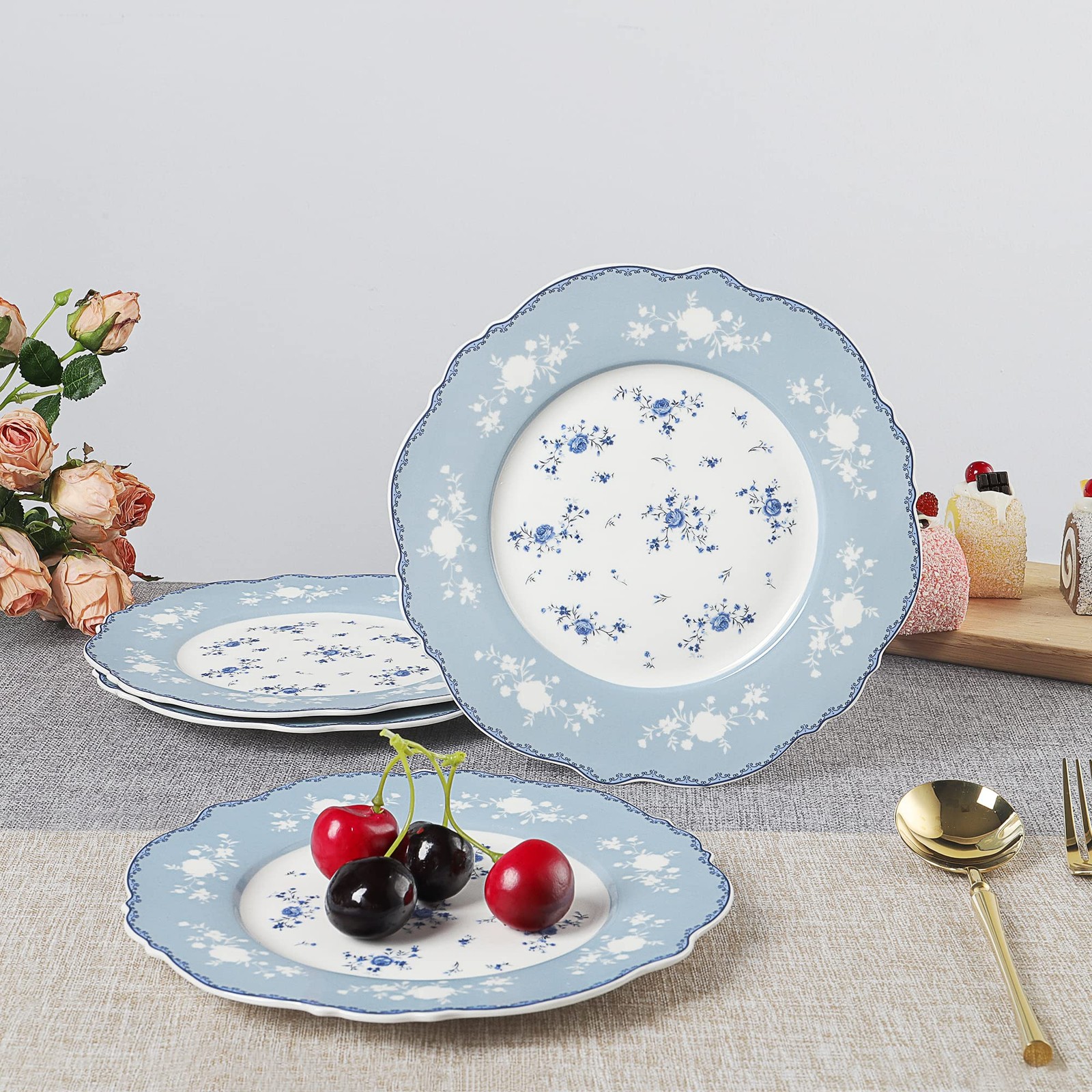 fanquare 8 Inch Porcelain Dessert Plates Set of 4, 8.2″ plate, Blue