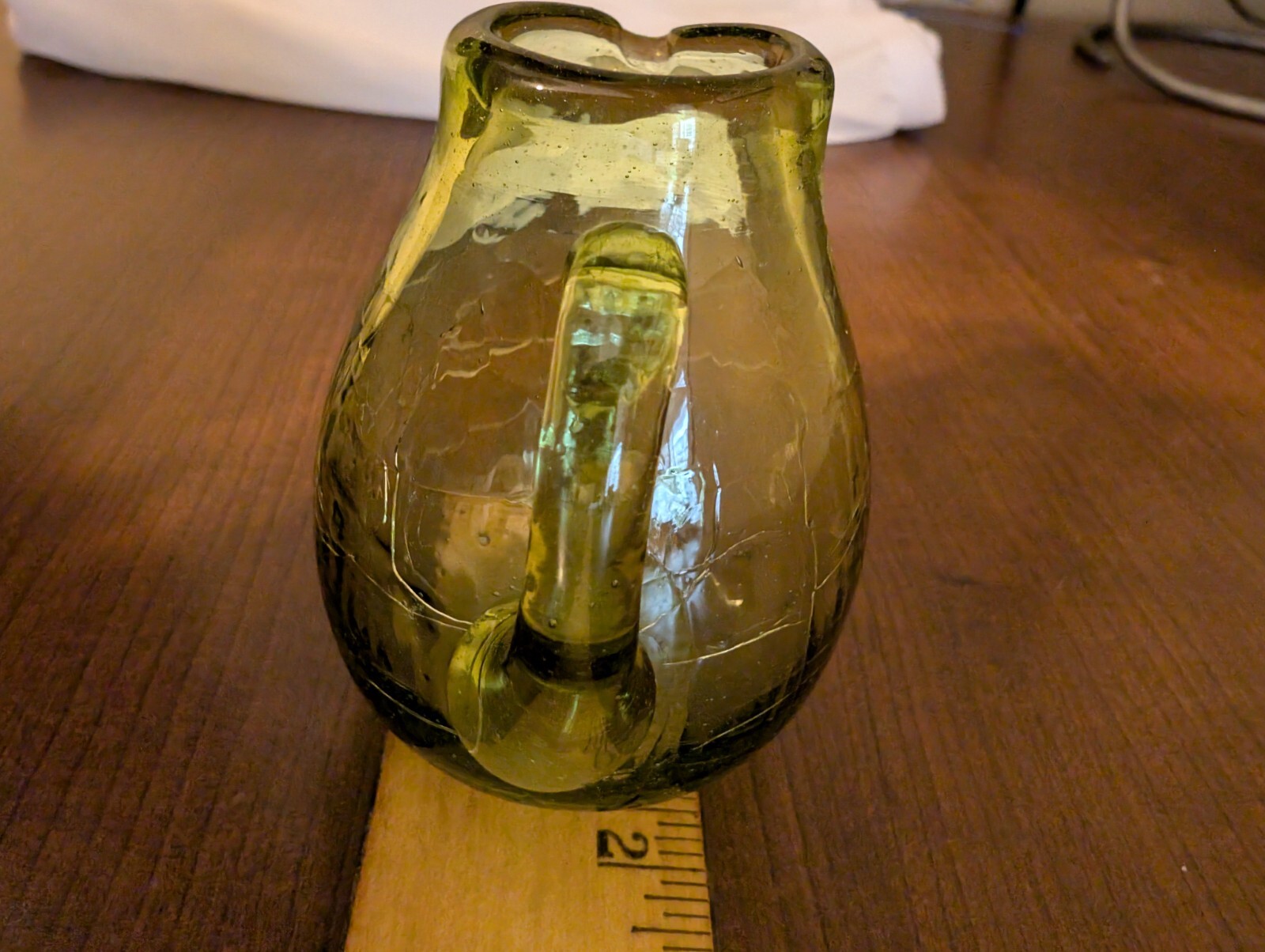 BLENKO Hand-Blown Crackle Glass Olive Green Mini Pitcher w Handle & Sharp Pontil