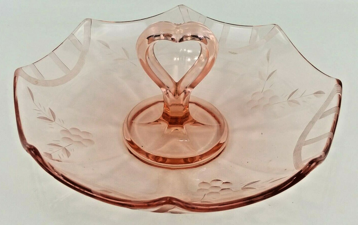Pink Depression Etched Heart Shaped Handle Candy Dish Compote