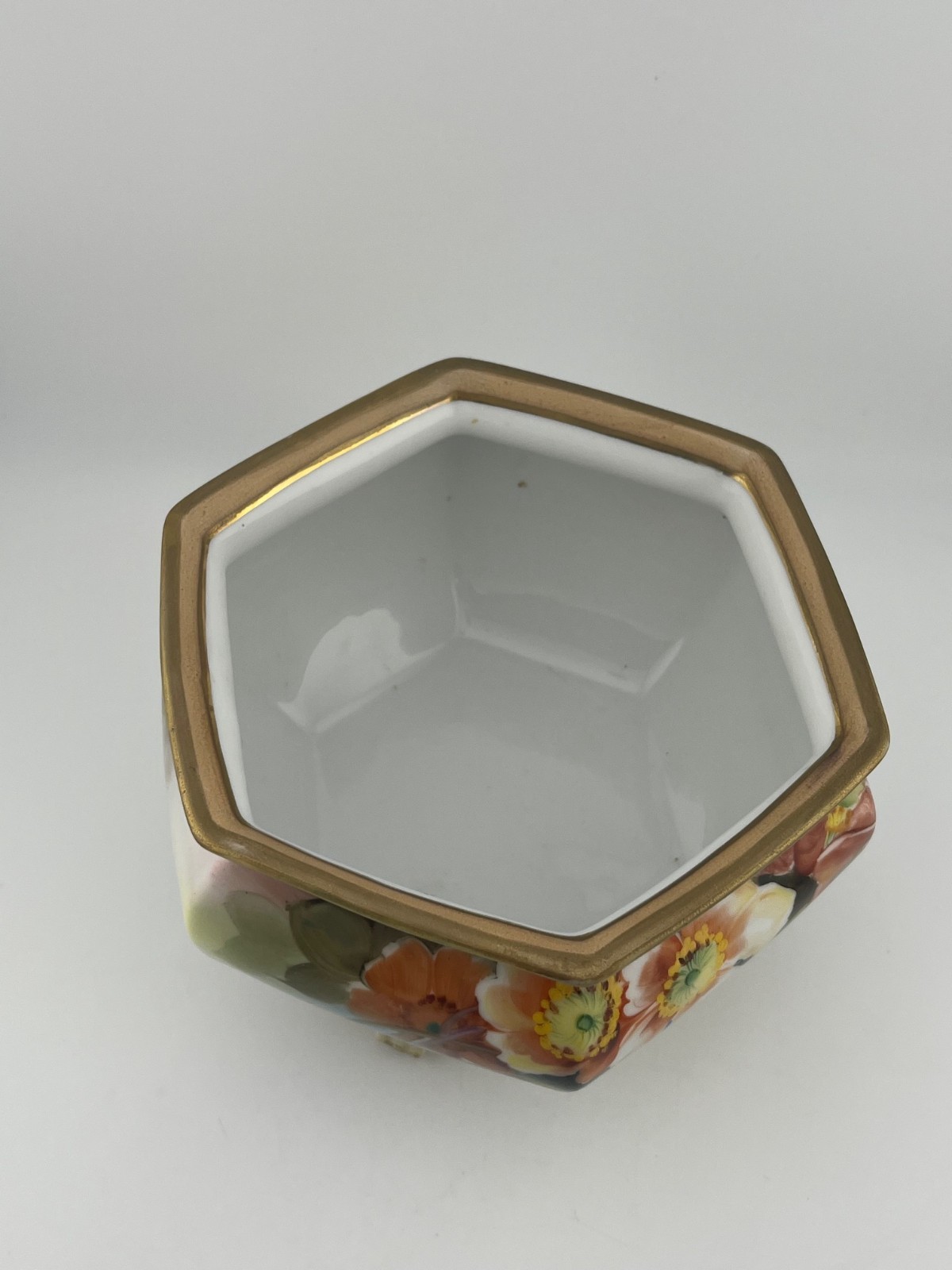 Antique Nippon Hand Painted Footed Bowl Floral Gold Trim Hexagon Pre-1921