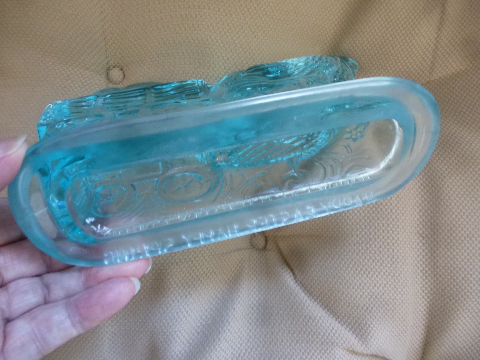 Hen Chicken pulling wagon Aquamarine Blue Glass Candy Dish Top Easter Spring