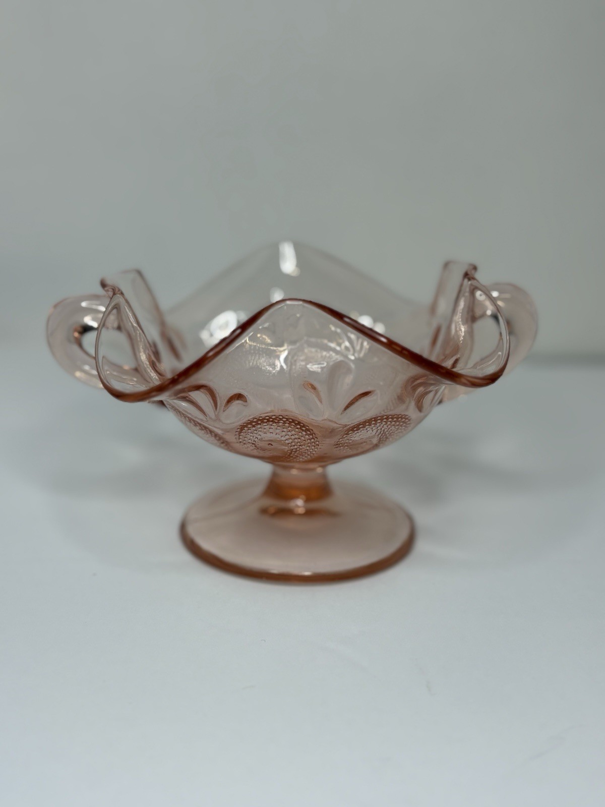 Dugan &Diamond Glass Co Afterglow Pink Question Mark 2 Handled Bon Bon Dish 4”