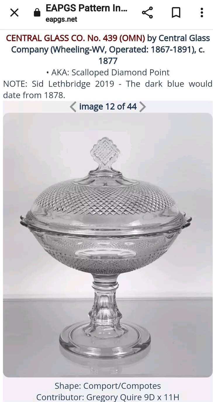 1870s Central Glass Co #439 Diamond Point Footed Glass Compote Comport With Lid
