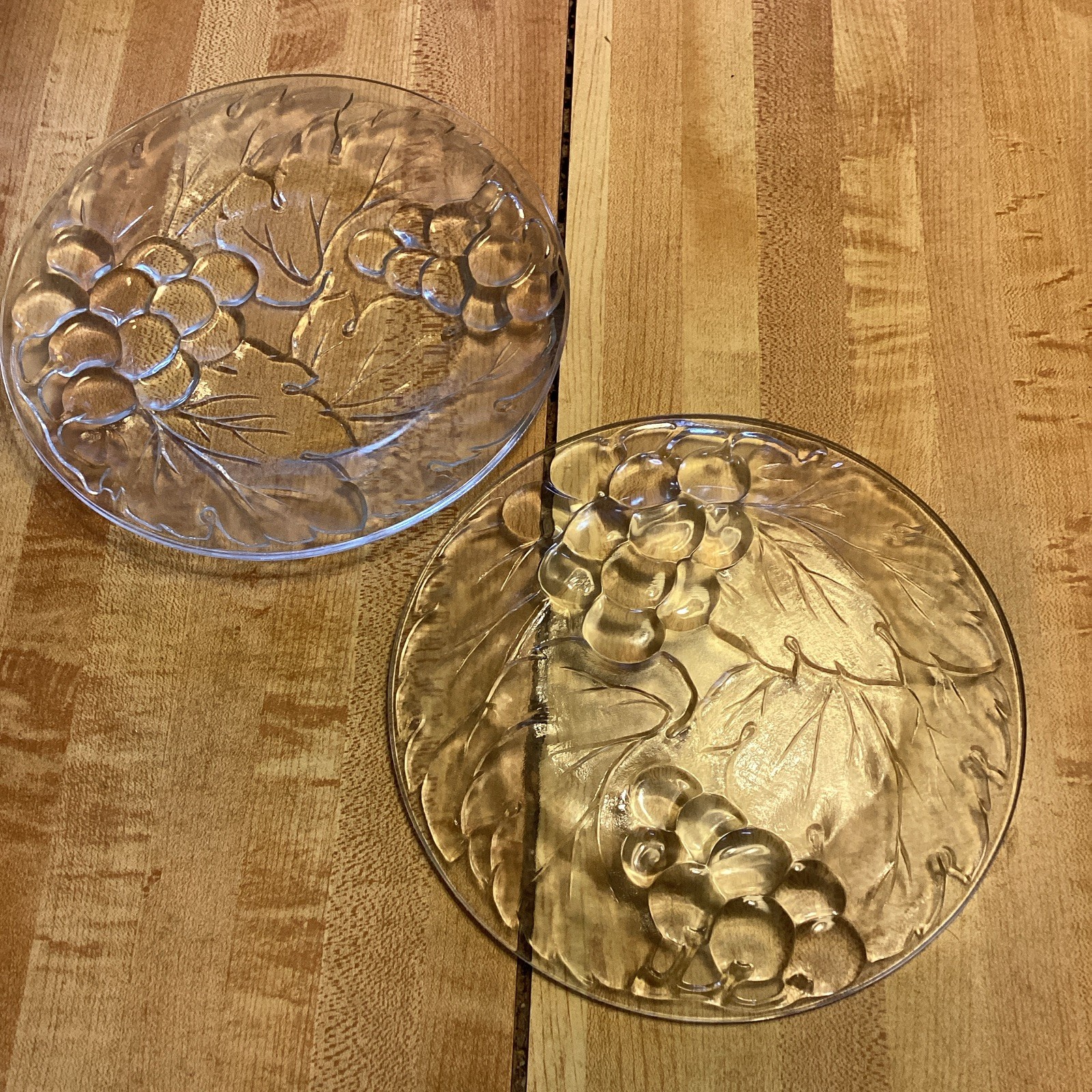 Clear Pressed Glass Embossed Grape Pattern Round Plates Set of 2 Decorative