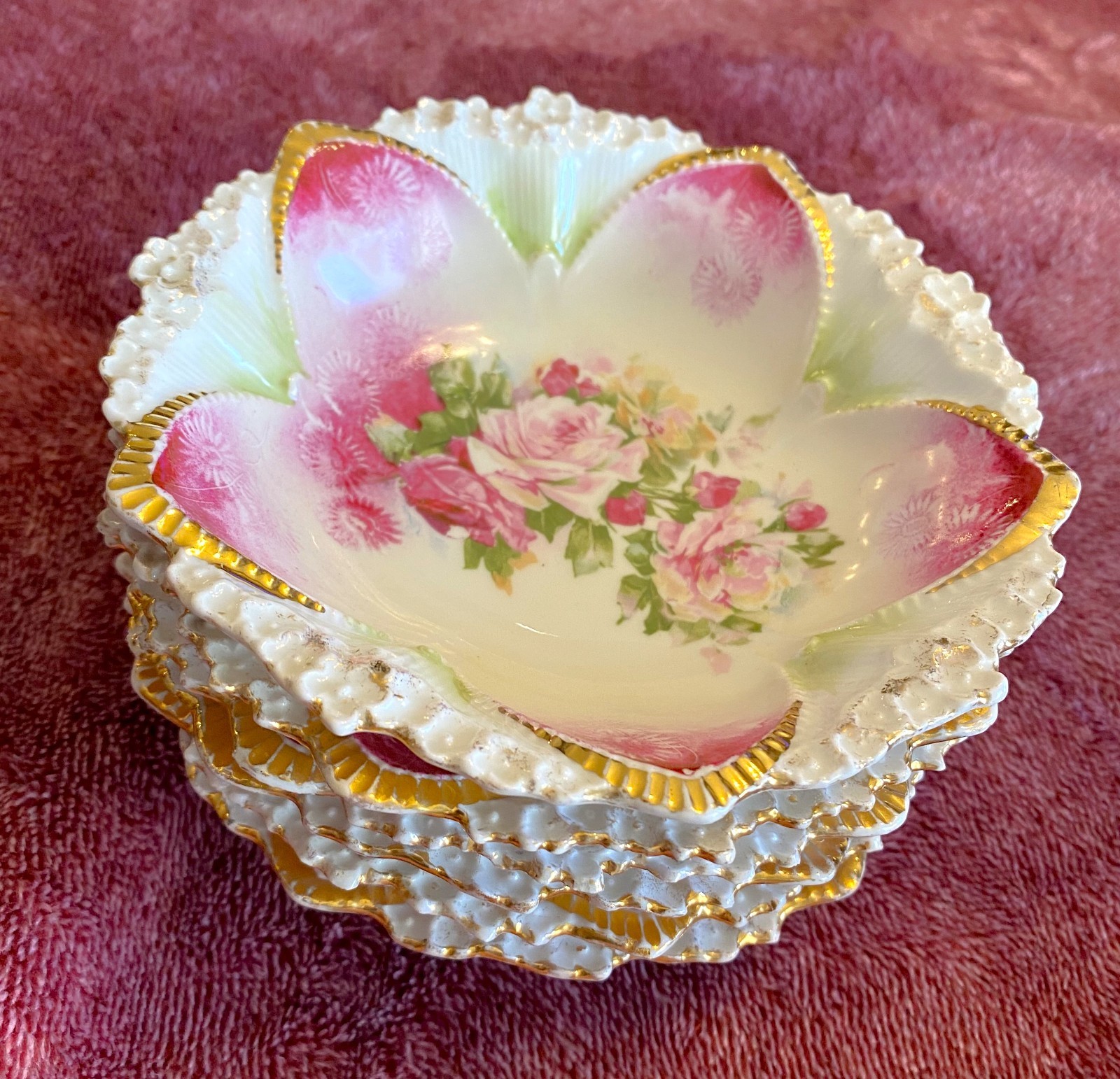 Antique RS Prussia Porcelain Serving & Berry Bowls Floral Pink Roses 7 PC Set
