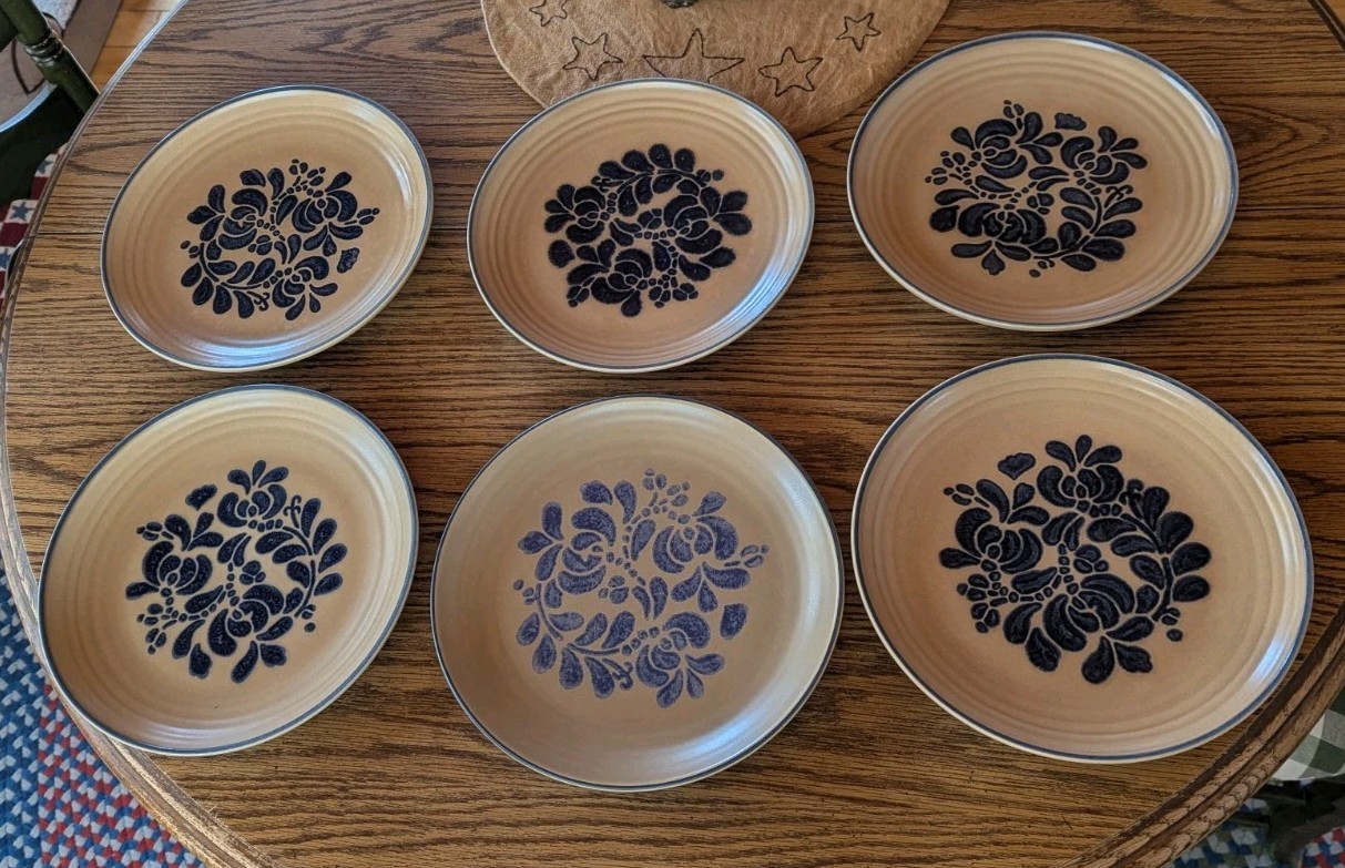6 Pfaltzgraff Folk Art Dinner Plate Set Vintage Blue Floral Table Dish (READ!)