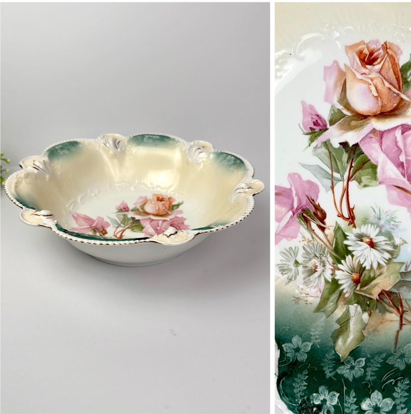 RS Prussia Antique Large Serving Bowl Red Mark Scalloped Rim Roses Daisies 10.5″