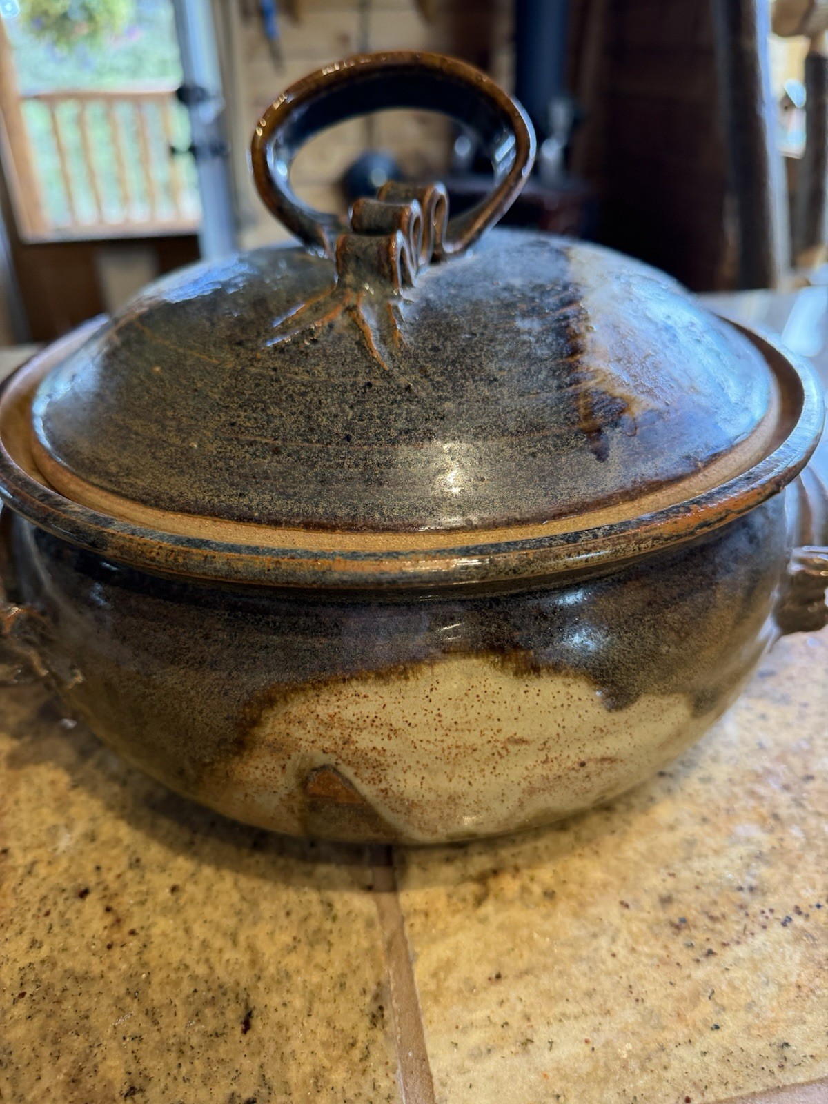 Handmade Pottery Stoneware Round Lidded Casserole w/ Handles Brown Blue