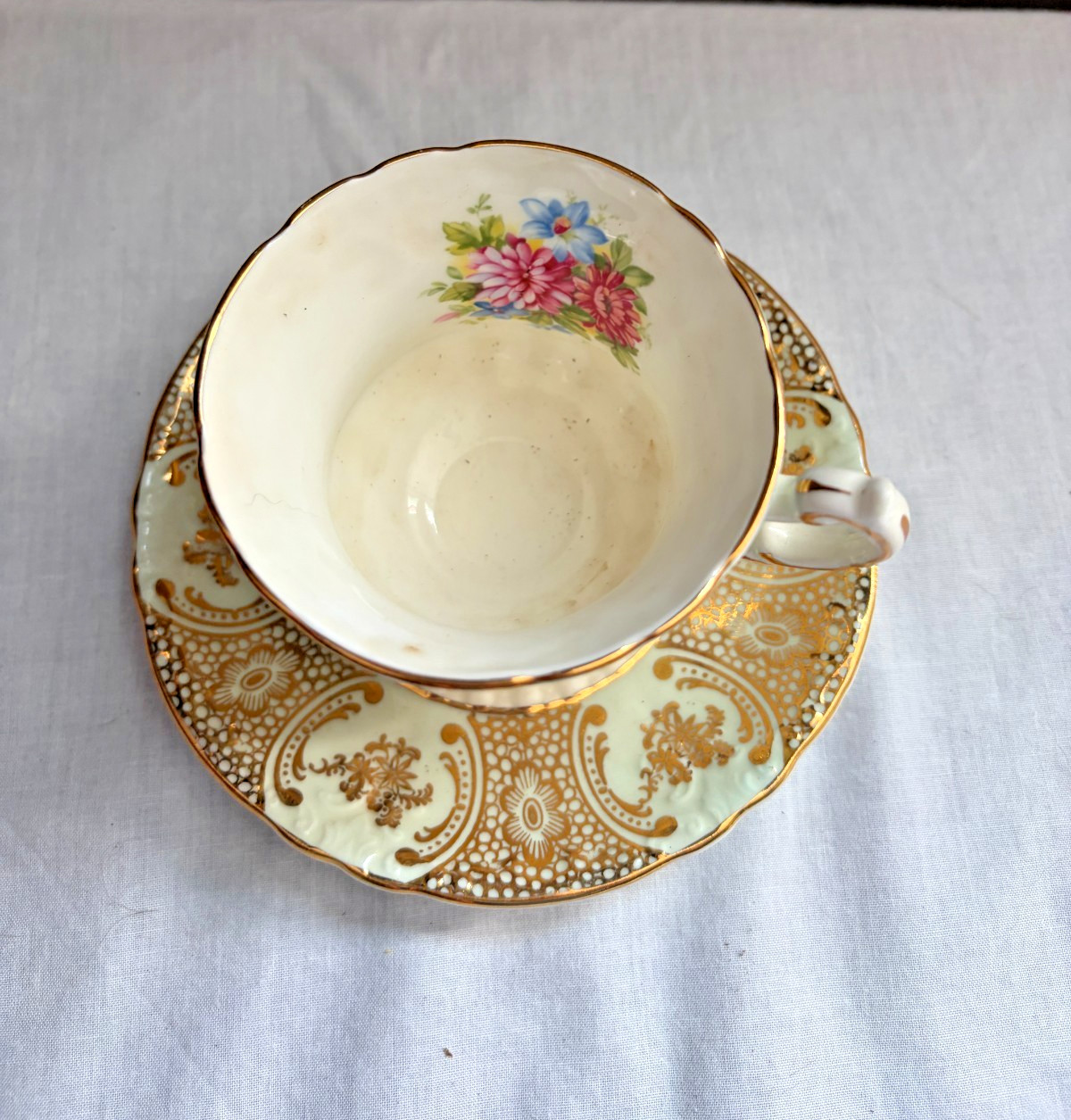 Vintage Paragon Fine Bone China Teacup & Saucer Pale Green Gold Floral England