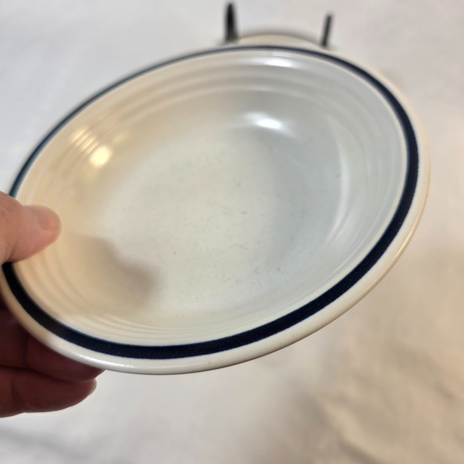 FOUR Town & Country Blue Ridge Fruit Bowls White with Blue Ring on Rim