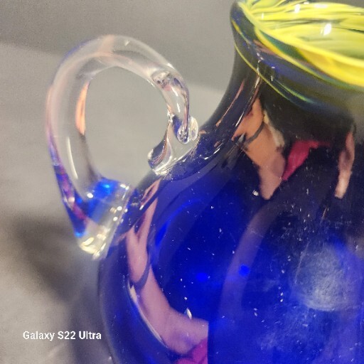 Hand Blown Art Glass Cobalt Blue Pitcher / Yellow W/ Applied Clear Glass Handle