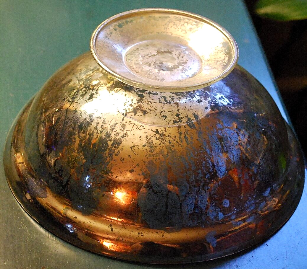 Antique Victorian SILVERED MERCURY GLASS BOWL Pedestal Base HAND BLOWN 9.25″