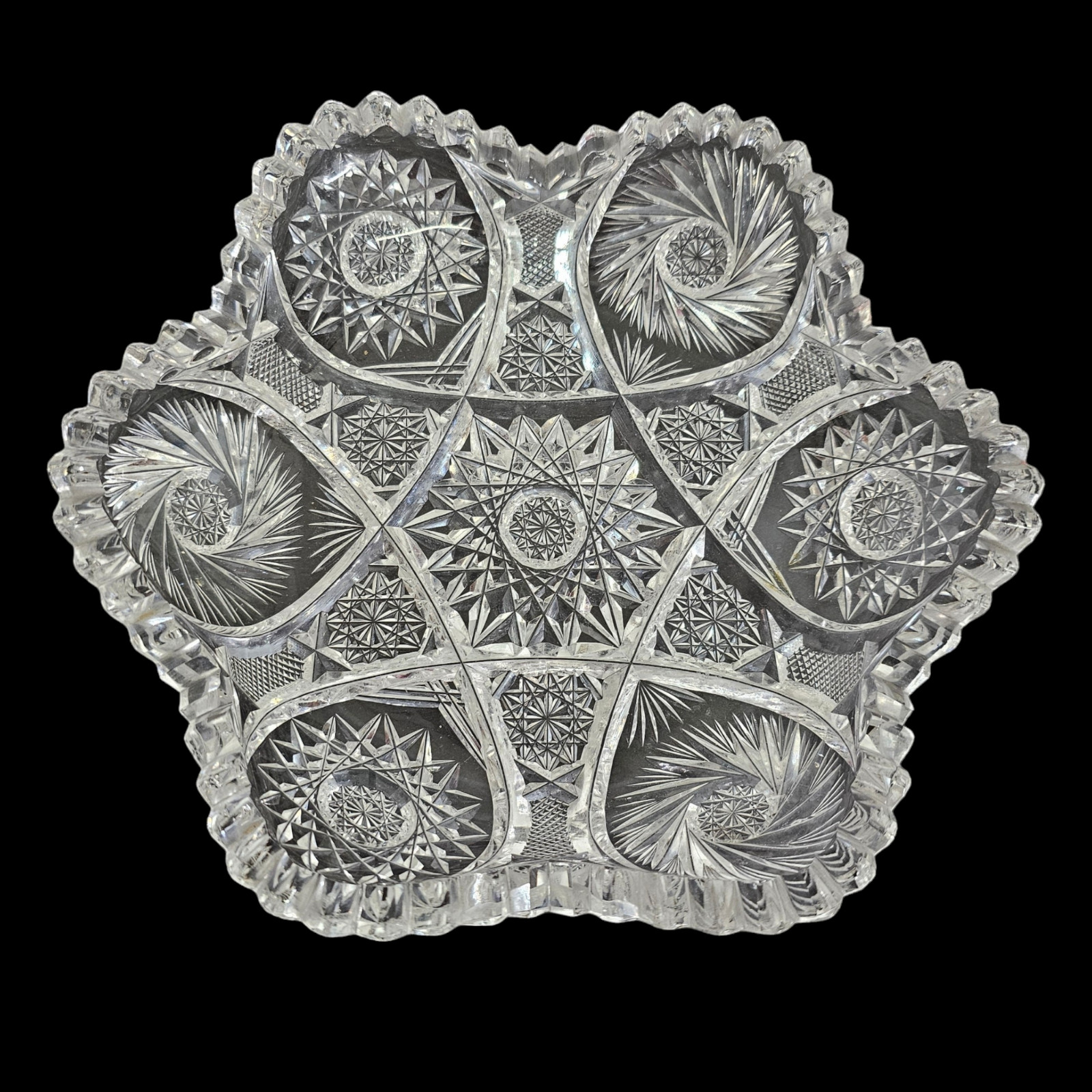ABP American Brilliant Cut Glass Scalloped Hob Star Dish Sawtooth Pinwheel Bowl
