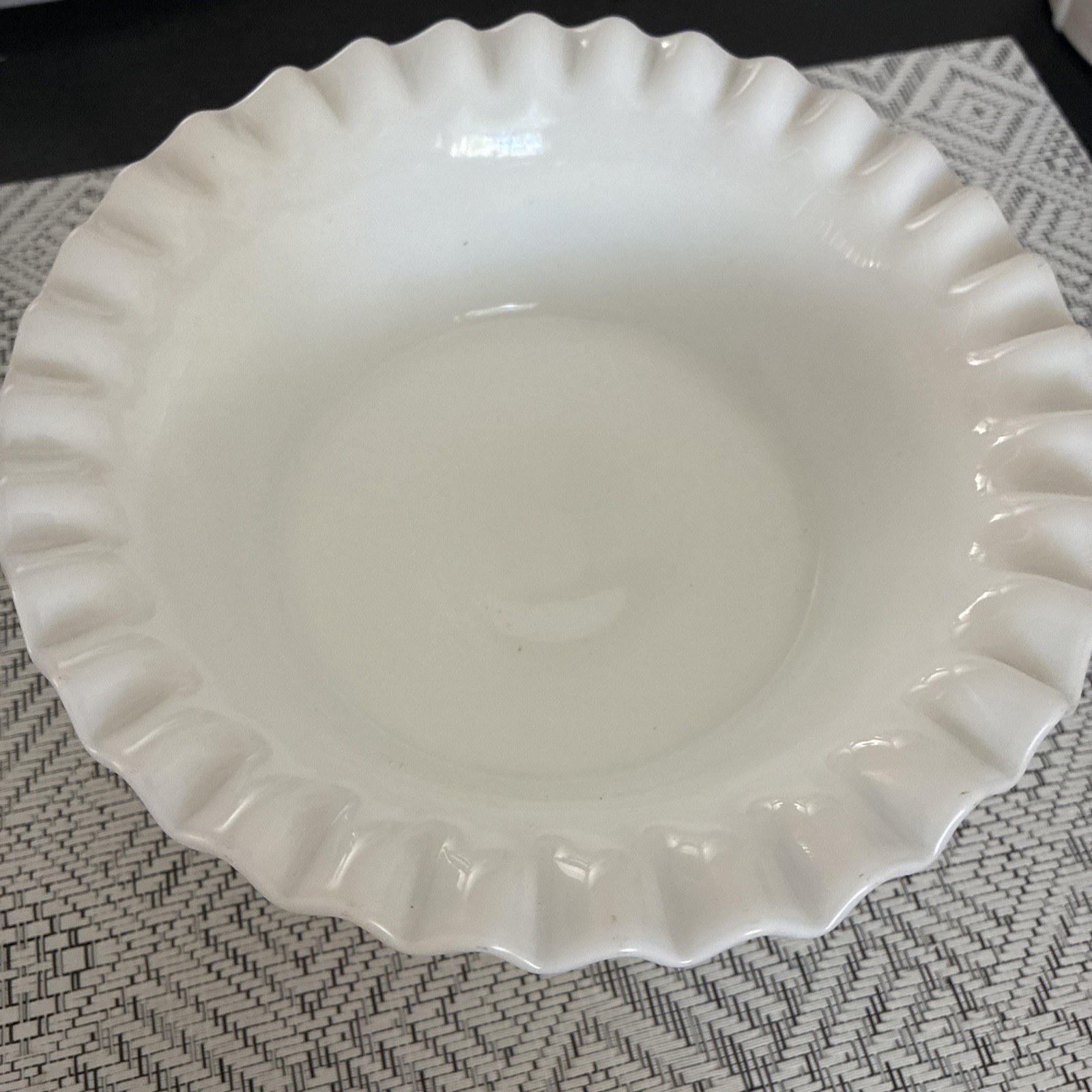Ruffled Edge Milk glass Pedestal Fruit Bowl 8”