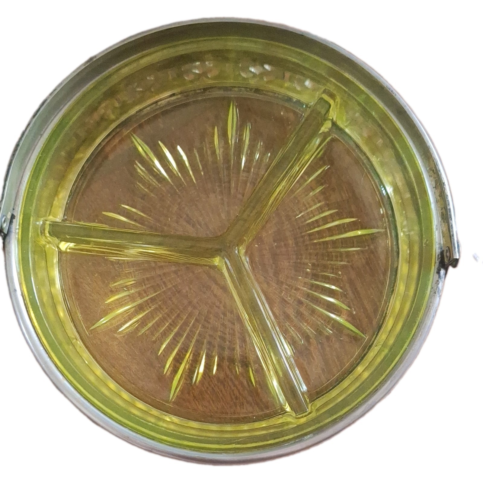 Vintage Chrome & Vaseline Glass Divided Relish Tray UV Reactive Minor Flea BITE