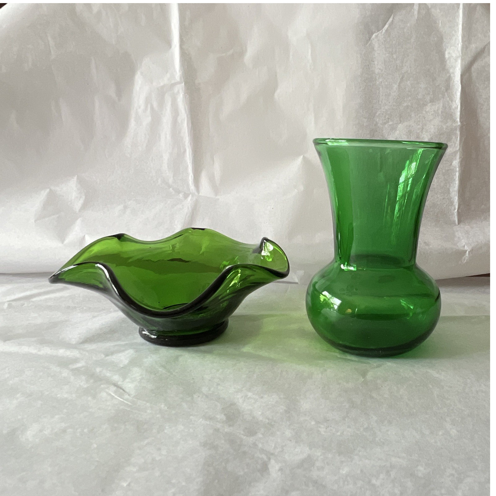Green Glass Bowl Set Decorative vase 3.5 in ht., dish 3.5 in dia.