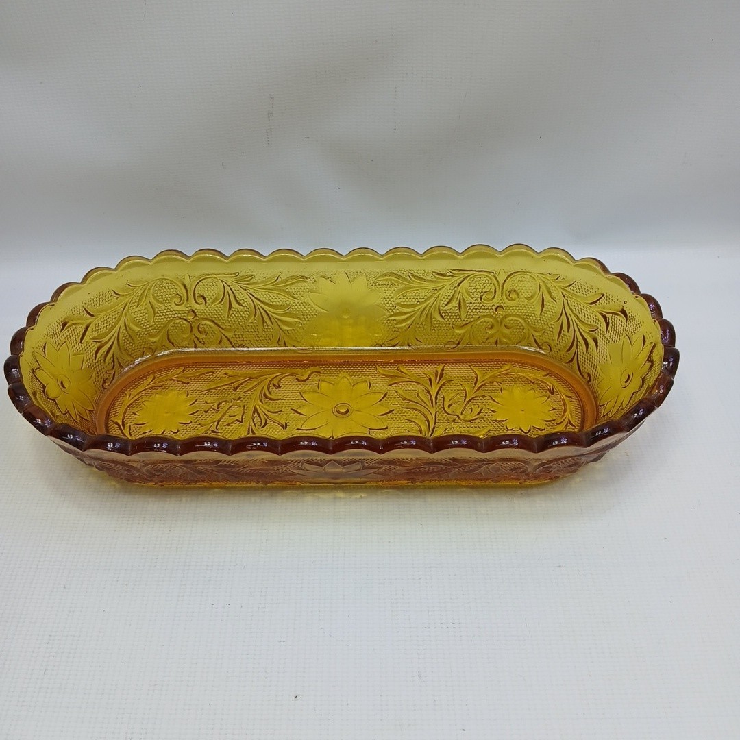 Indiana Glass Tiara Sandwich Amber Celery Dish 10″ Oval Serving Bowl