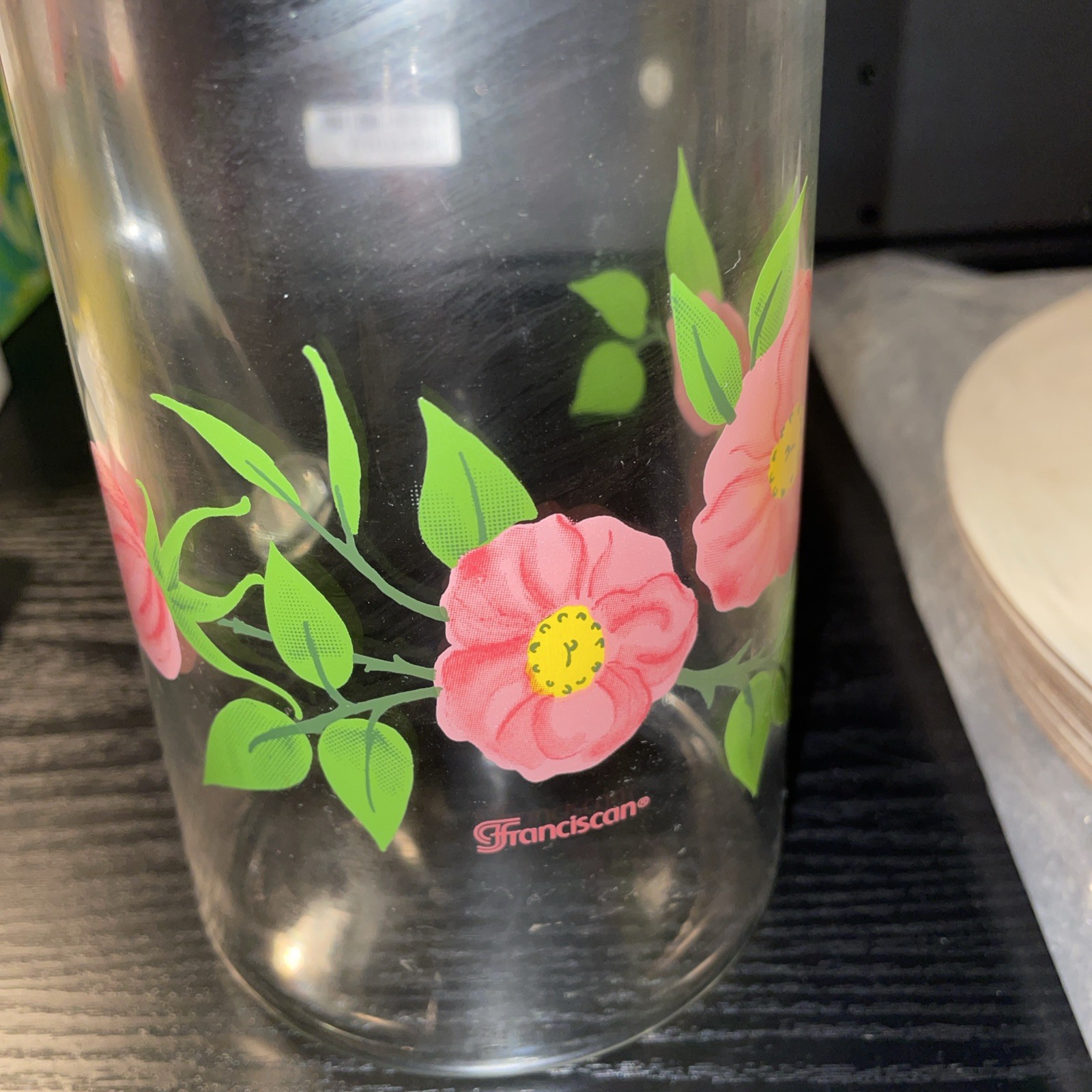 Vintage Franciscan Desert Rose Clear Glass Pink Flower 7.75 in Cocktail Pitcher