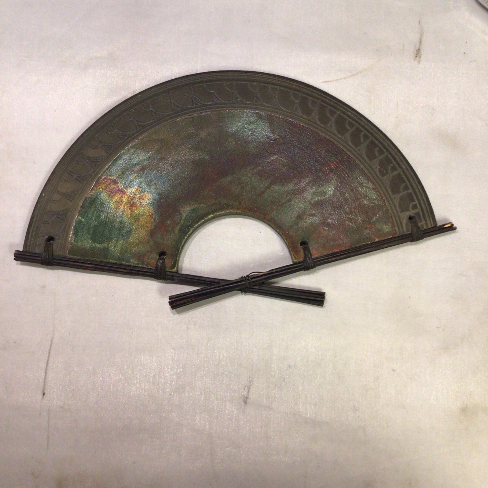Gay Liebert Studio Art Pottery Raku Oriental Fan 11″ Copper Iridescent Signed