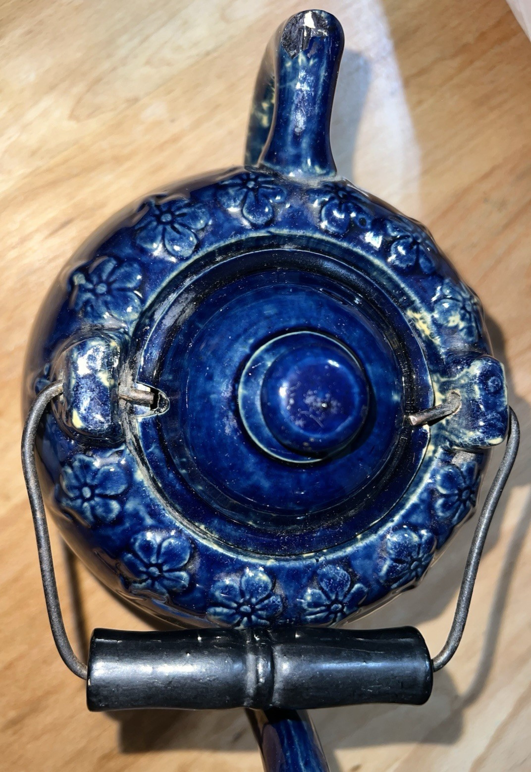 Cobalt Blue Yellow Ware Tea Pot 19th Century American Rare Blue Glaze Circa 1880