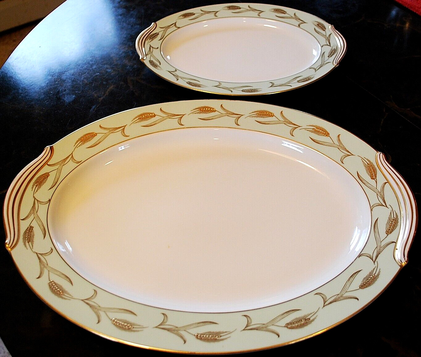 Set 2 Vintage Noritake ALICE Platters 16″ & 12″ GOLD WHEAT ON AQUA BAND c1951