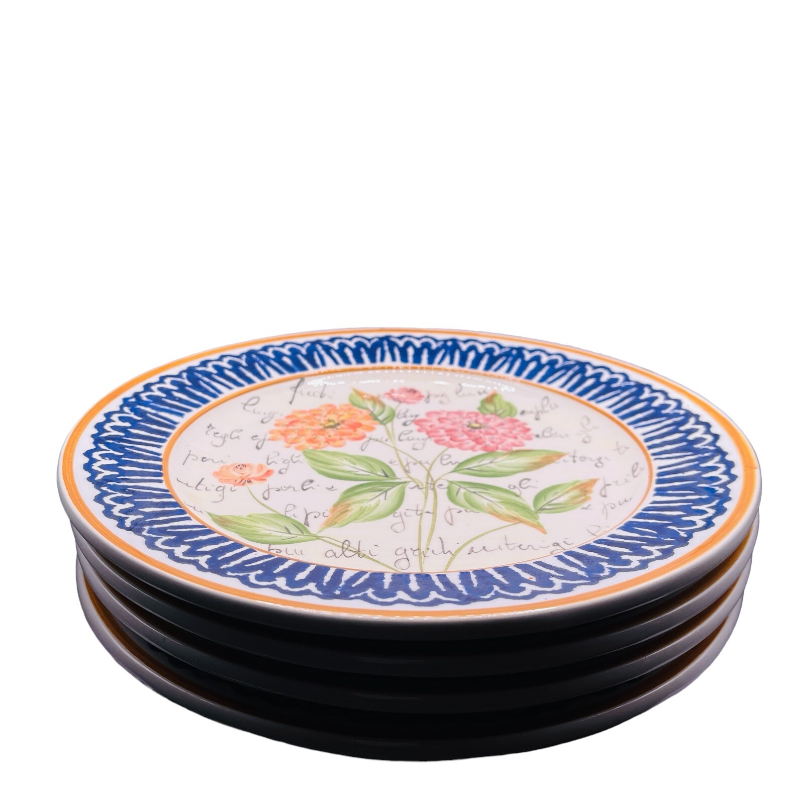 Vintage VEITRI ITALY 4 Wall Plates 9.5in Flowers & Script Blue Trim Handpainted