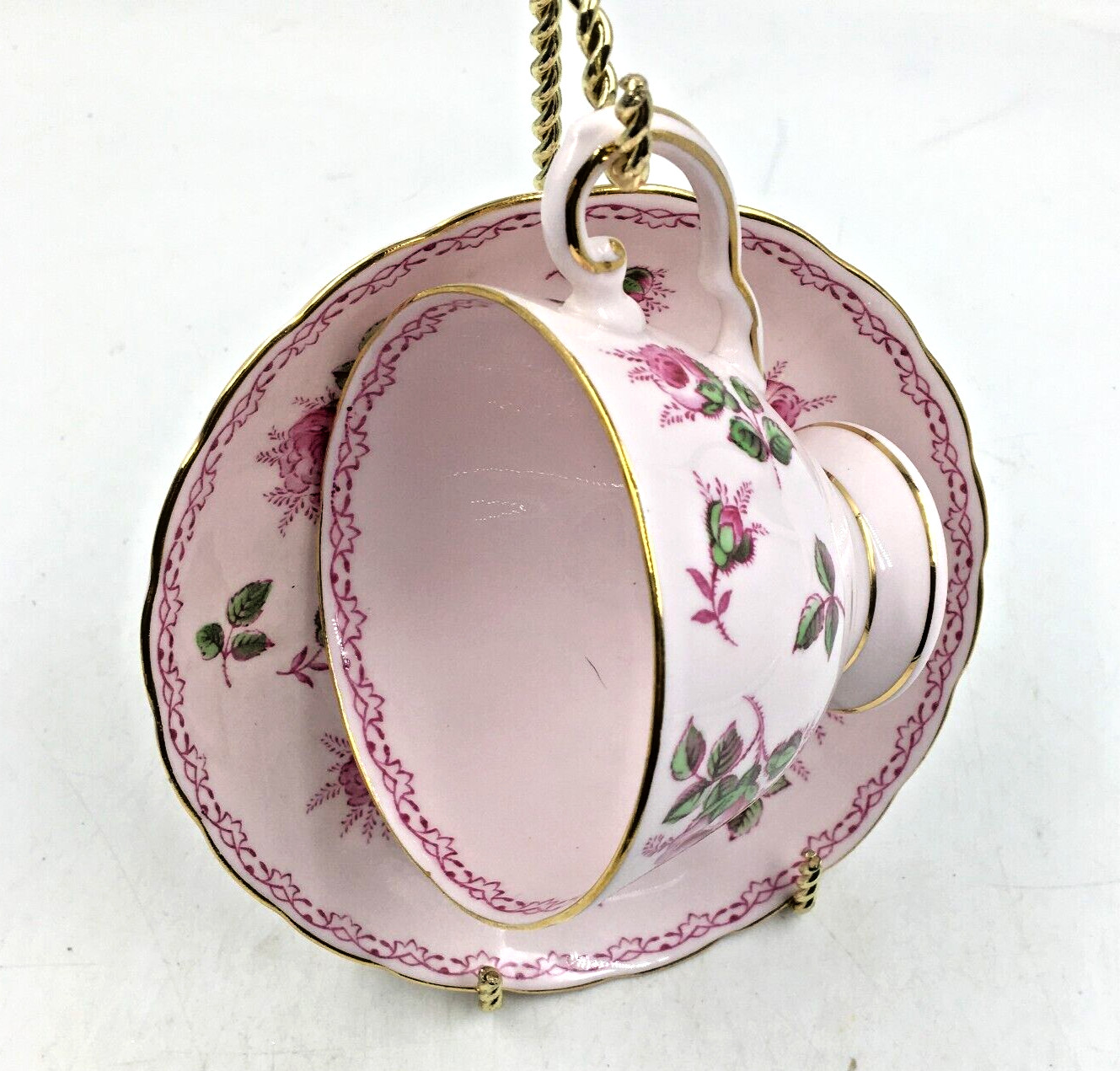 Vintage TUSCAN Fine Bone China Pink ROSEBUD Footed Cup & Saucer Set Gold #497H
