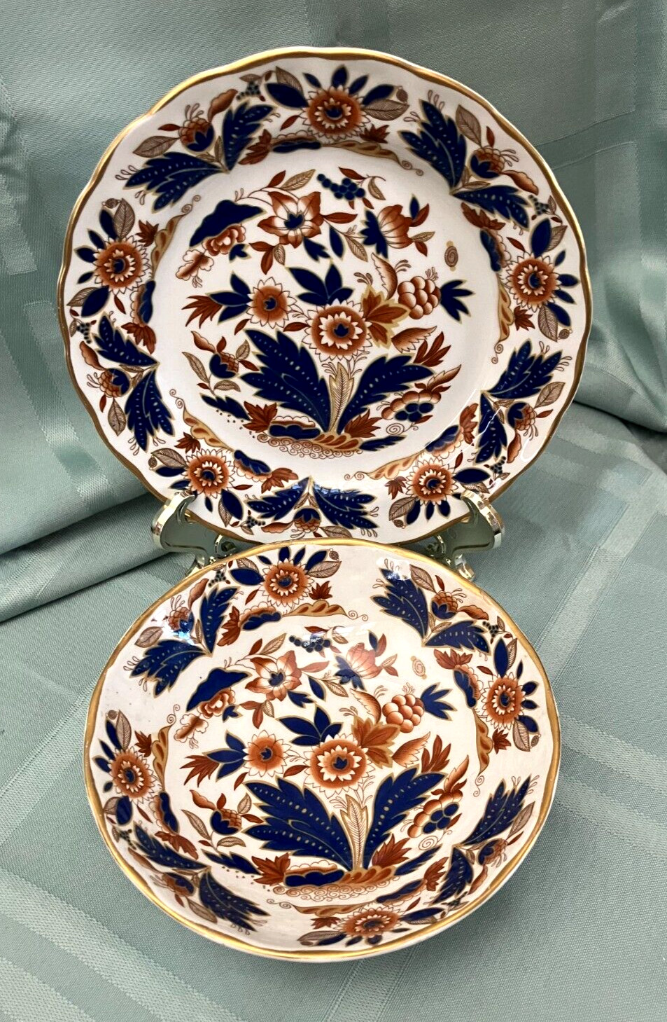 Booths Dovedale Rust & Blue Fruit/Dessert Bowl & Bread/Dessert Plate Gold Edge