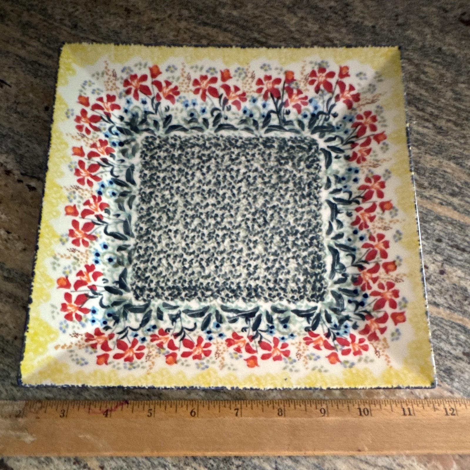 Polish Pottery UNIKAT Handmade Hand Painted Square Floral Ceramic Plate 11″ 271