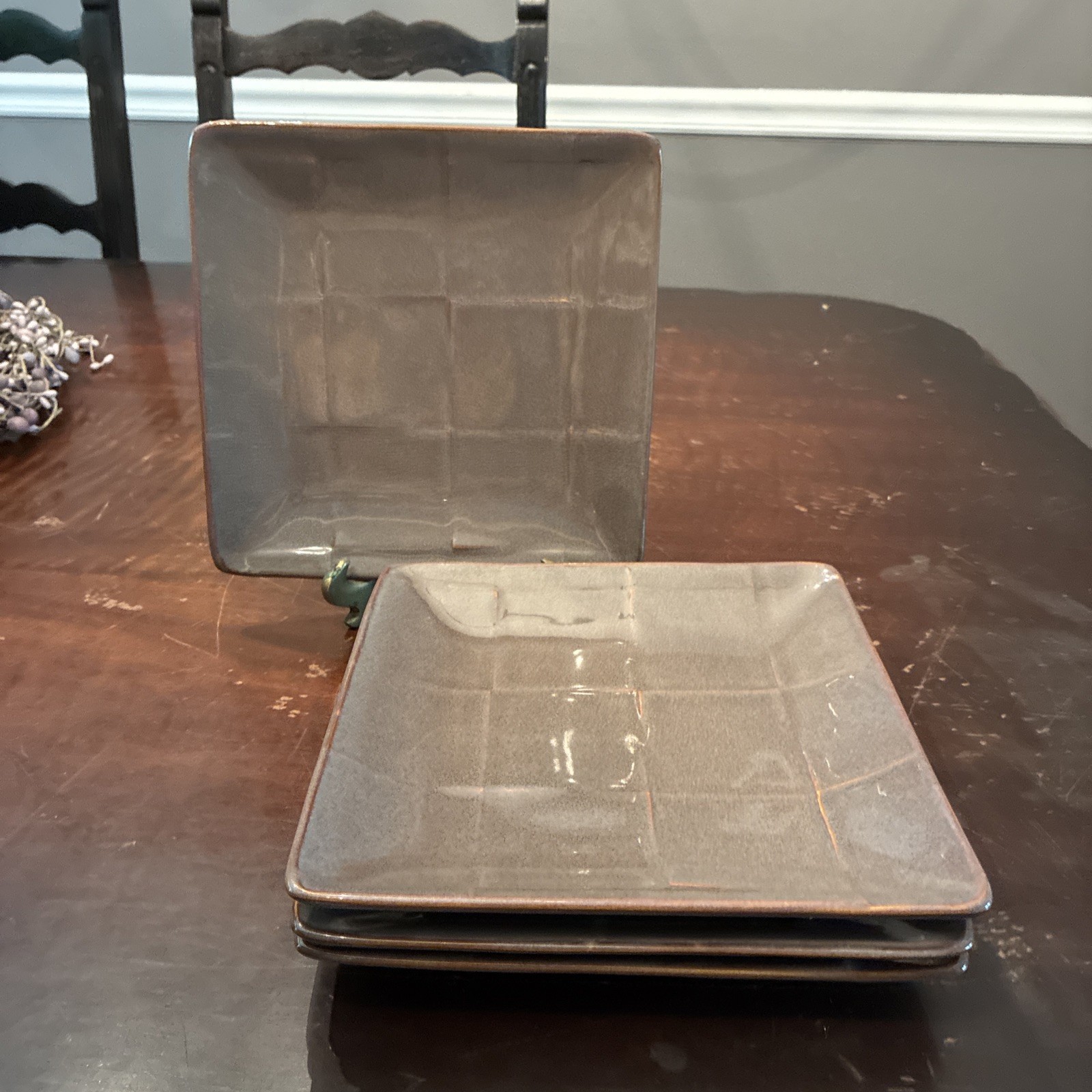 4-Pier 1 Dark Gray Cubic Incised Lines Square Salad/Dessert Plates 8”x8”
