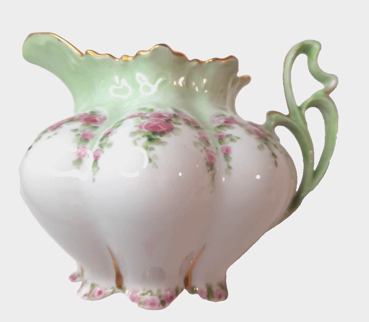 Antique-MZ Austria-Porcelain Creamer Pitcher-933-Pink Rose Garland-Art Nouveau
