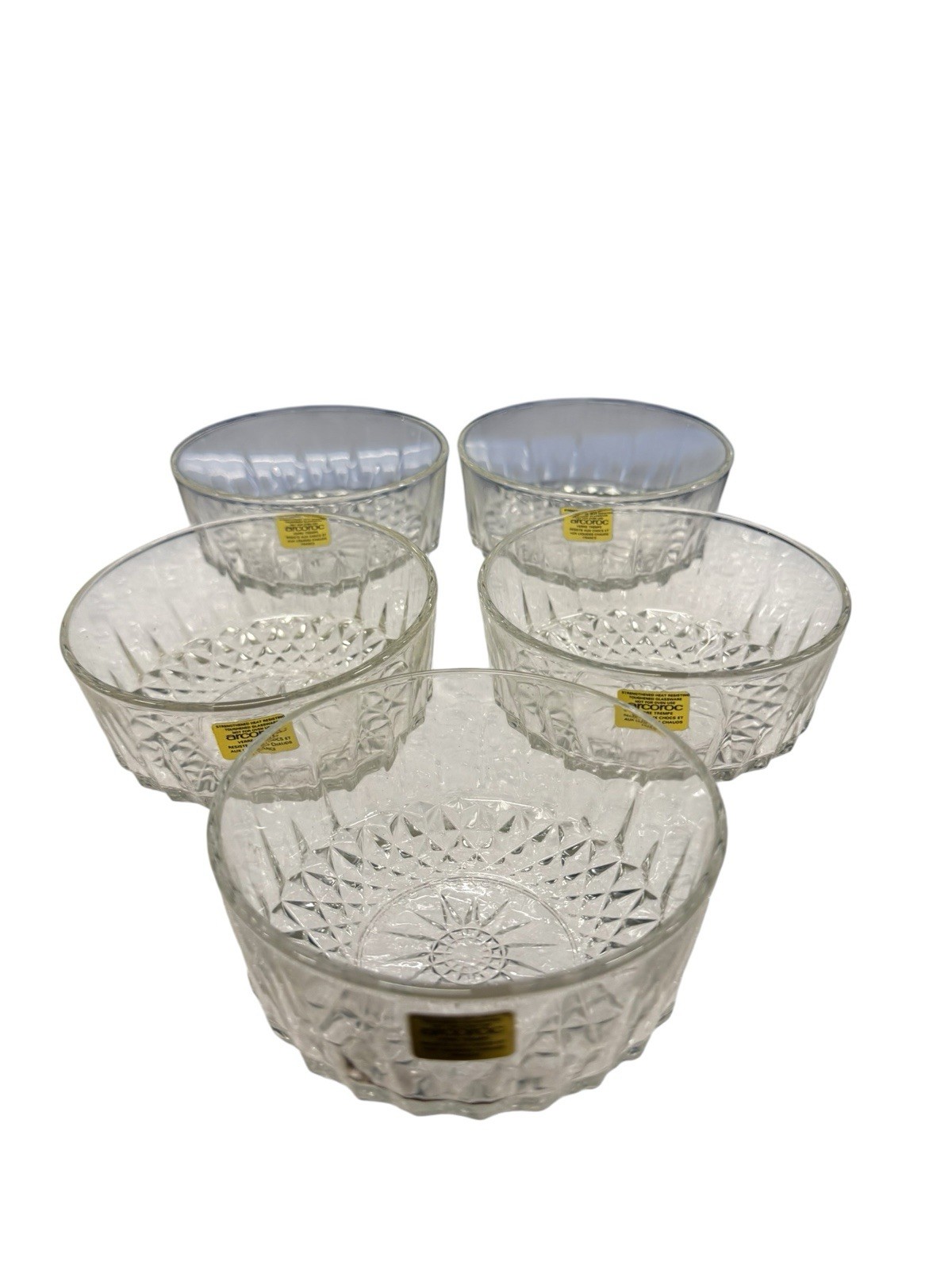 Set Of 5 Vintage Arcoroc France Small Bowl Dessert Fruit Cut Glass Starburst 4”