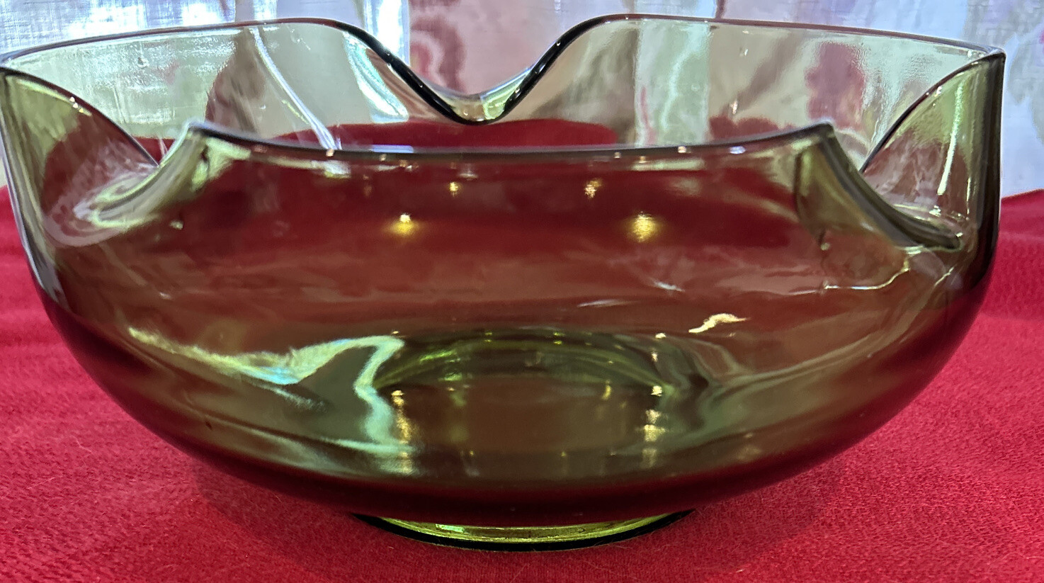 Vintage Anchor Hocking Glass Green Bowl Folded Pinched Sides Dish 9″