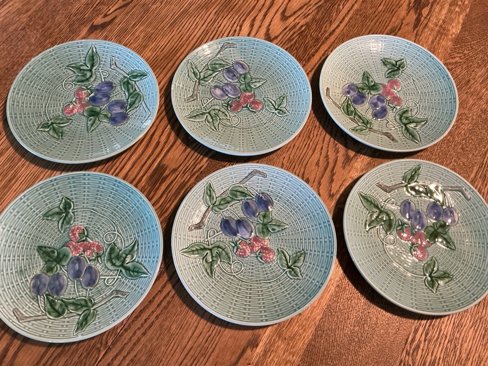 SET Of SIX Majolica Plates Teal Aqua Raspberry Plumb 2230 B Germany Weave 7.75”