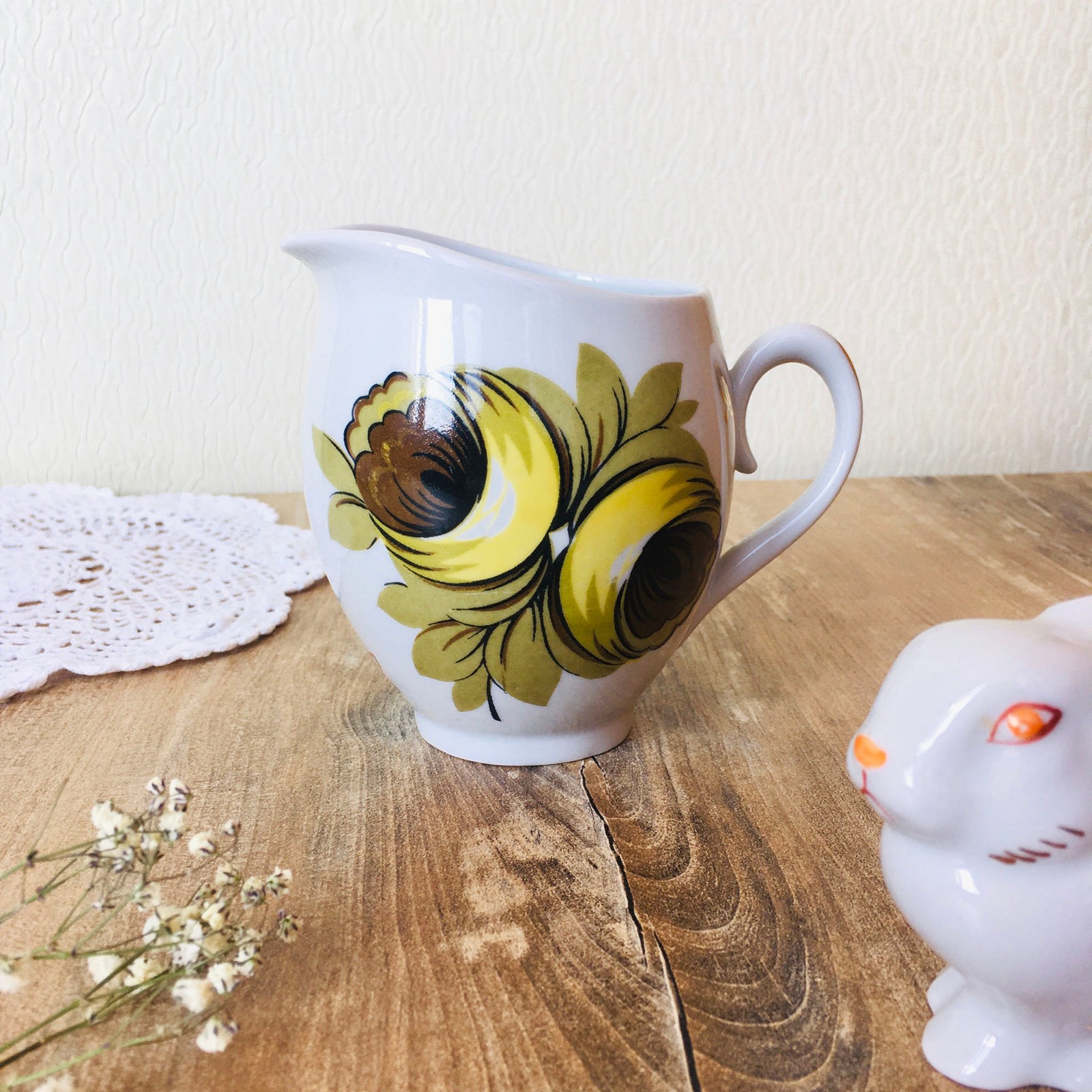 Vintage USSR Porcelain Creamer, Soviet Floral Milk Jug Cottagecore Kitchen Decor